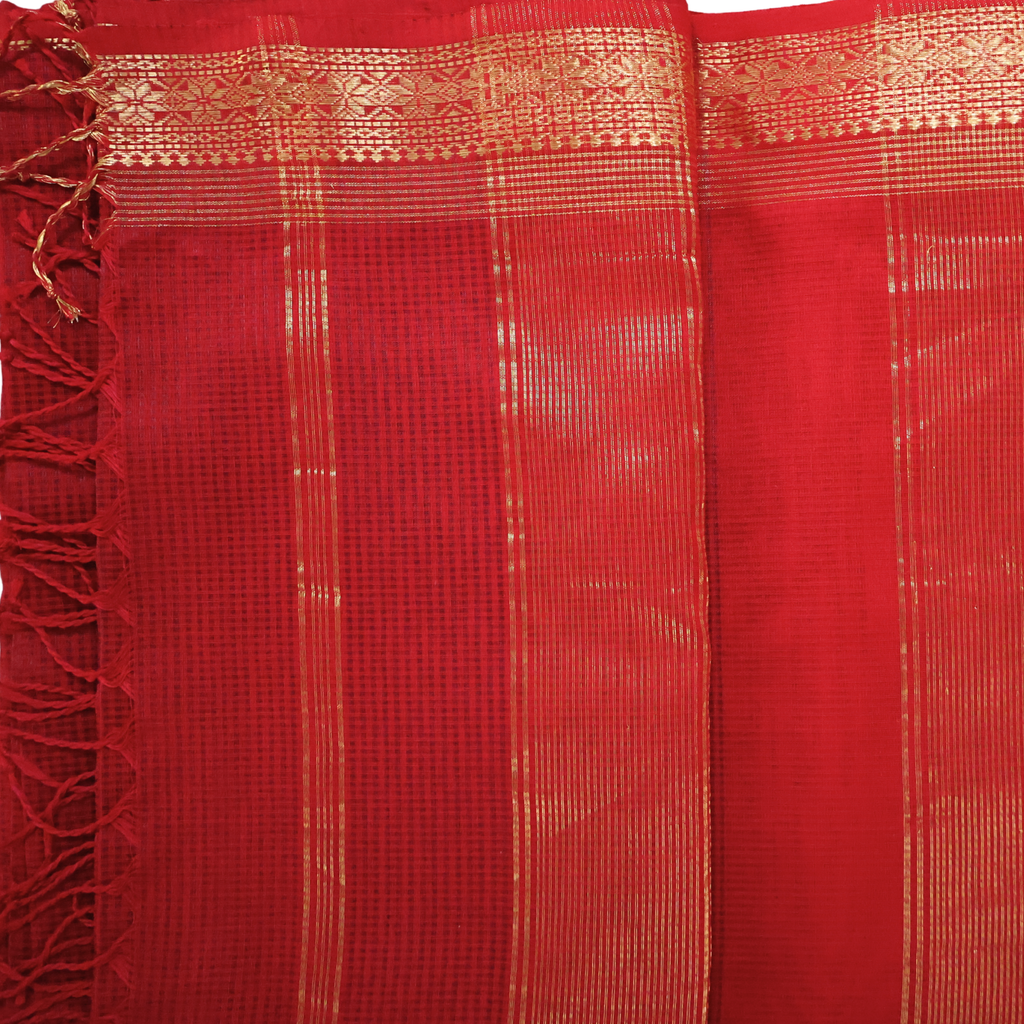 Classic Red Induri Silk-Cotton Saree with Fine Gold Stripe Weave and Traditional Karn-Phool border