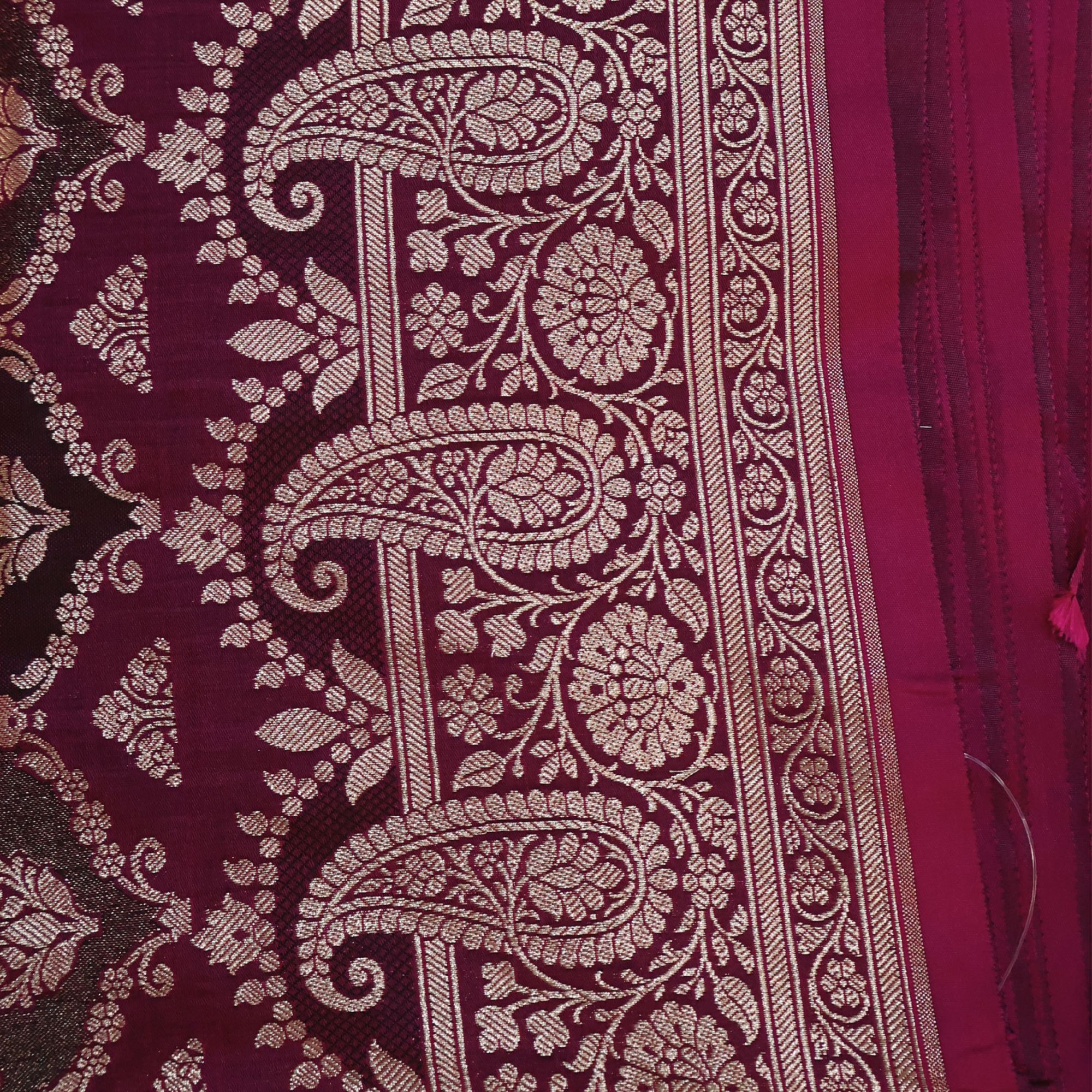 Wine Katan Silk Banarasi Saree with Silver Zari Paisley Border & Buta Weave