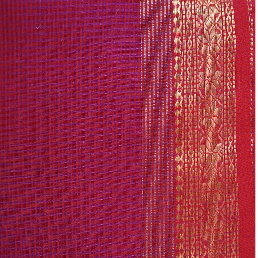 Magenta-Red Induri Silk-Cotton Saree with Fine Checks & Traditional Karna-Phool Zari Border