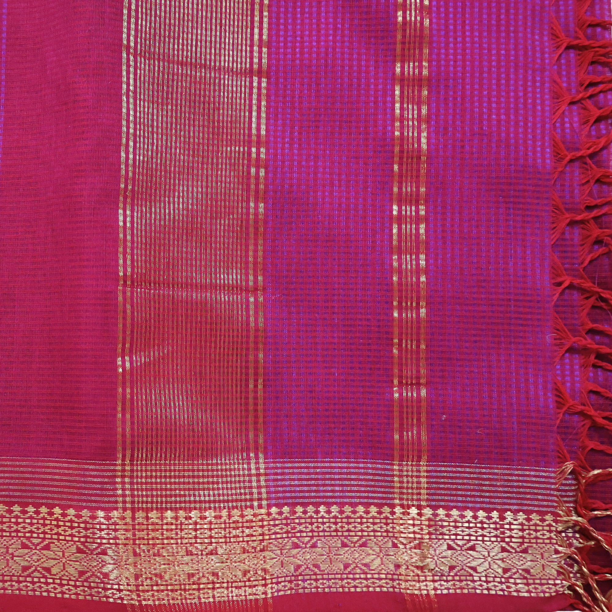 Magenta-Red Induri Silk-Cotton Saree with Fine Checks & Traditional Karna-Phool Zari Border