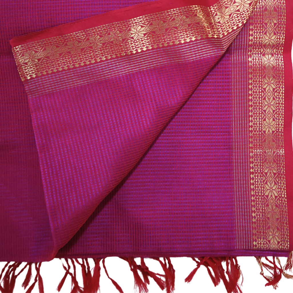 Magenta-Red Induri Silk-Cotton Saree with Fine Checks & Traditional Karna-Phool Zari Border