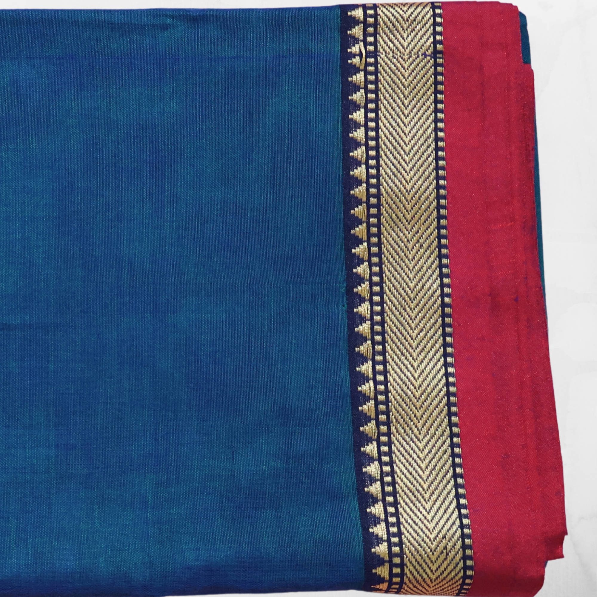 Deep Blue Handloom Narayanpet Cotton Saree with Red & Gold Contrast Border | Lightweight Everyday Wear Saree