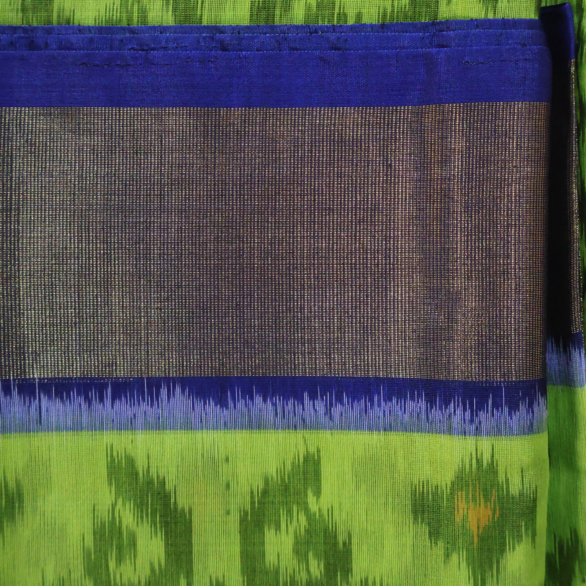 Green Cotton Silk Pochampally Ikat Saree with Blue Zari Border