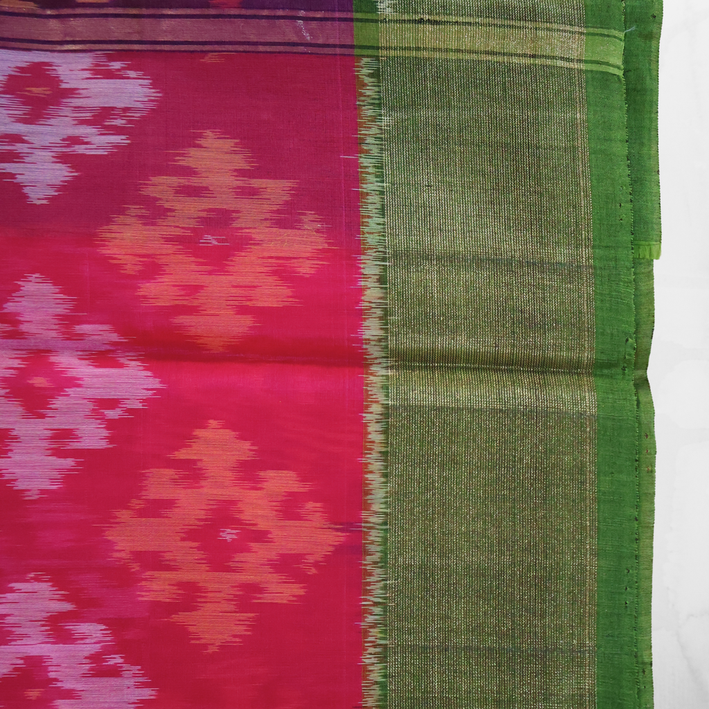 Bright Pink Cotton Silk Pochampally Ikat Saree with Green Zari Border