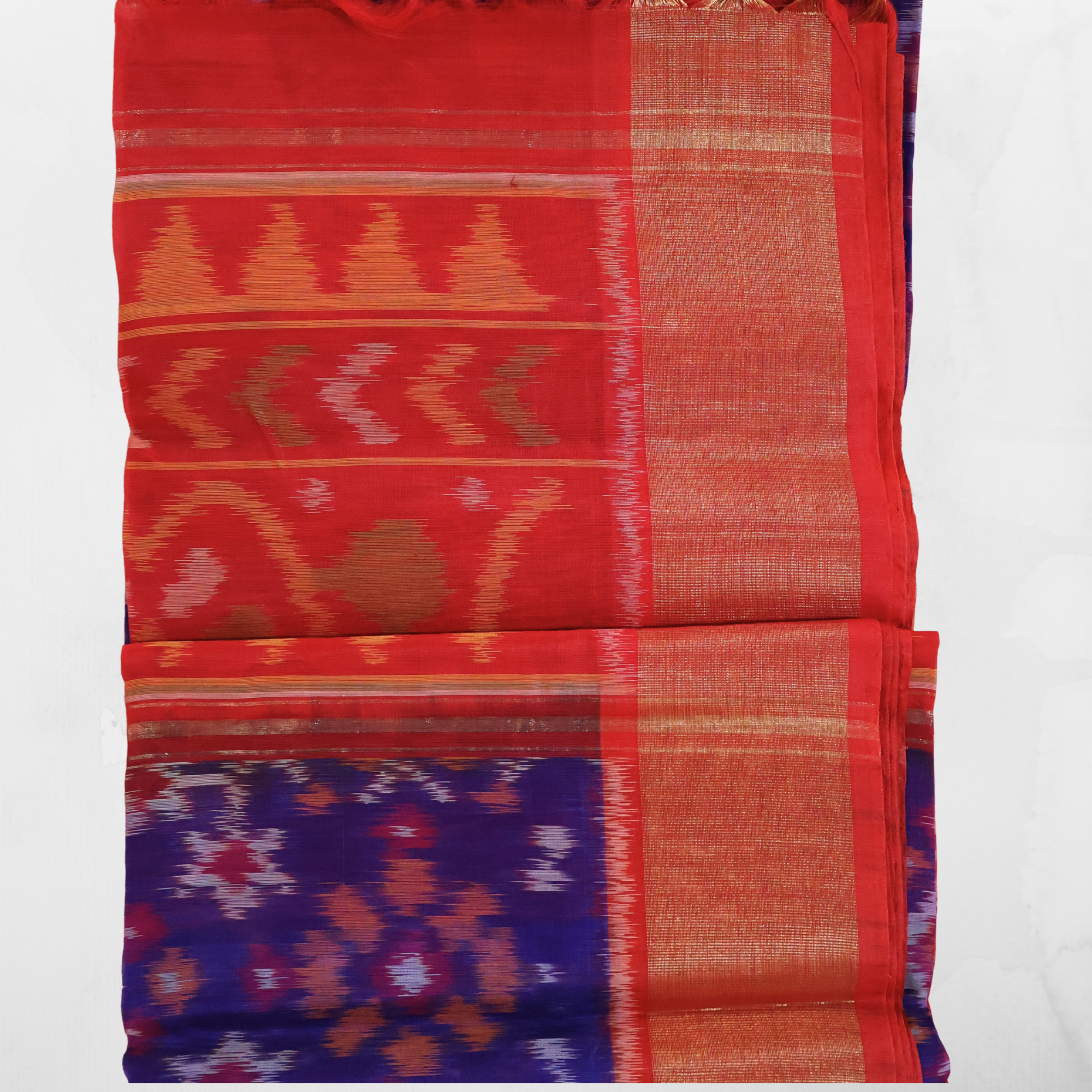 Dark Blue Cotton Silk Pochampally Ikat Saree with Red Zari Border