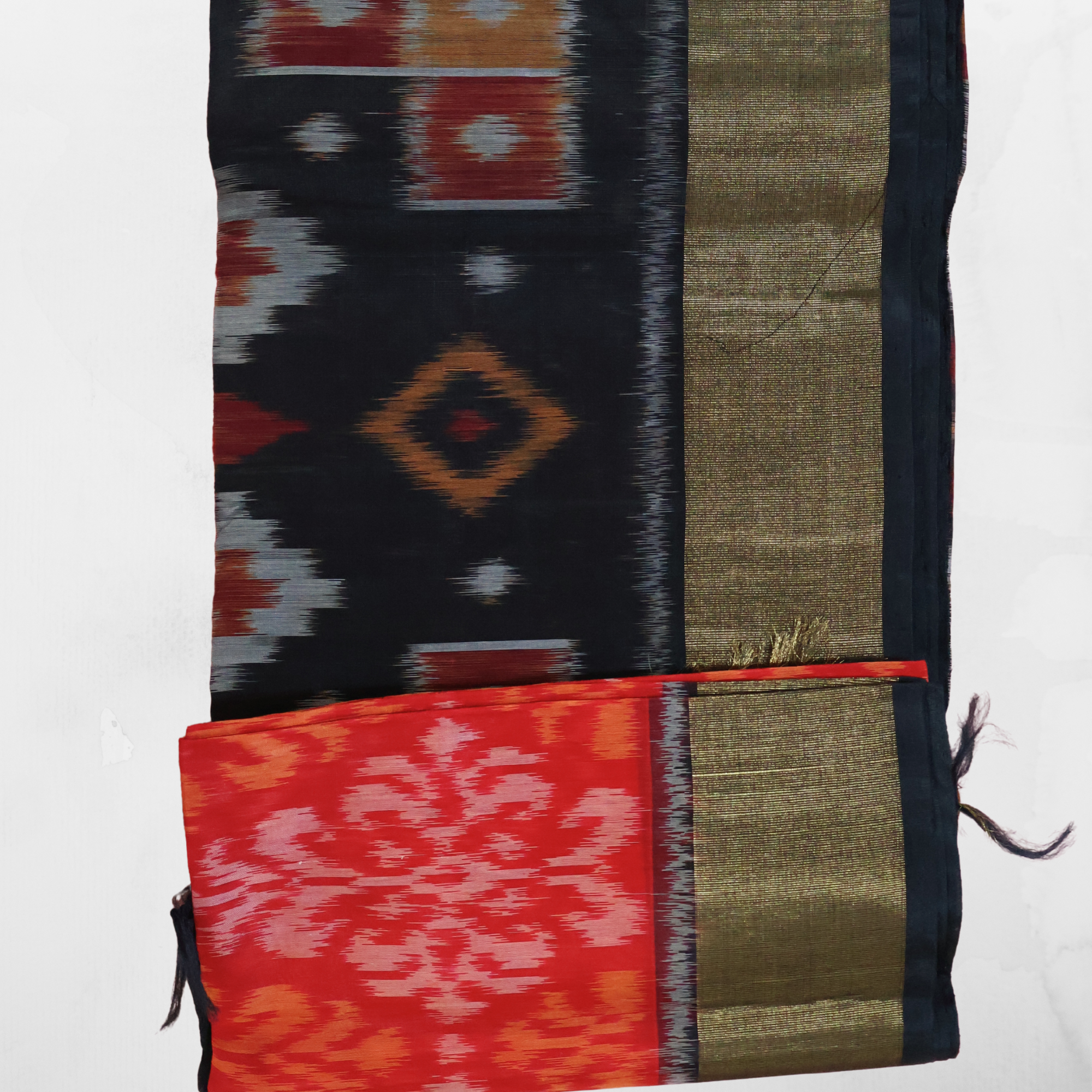 Cotton Silk Pochampally Ikat Saree in Red with Dark Olive Green Zari Border