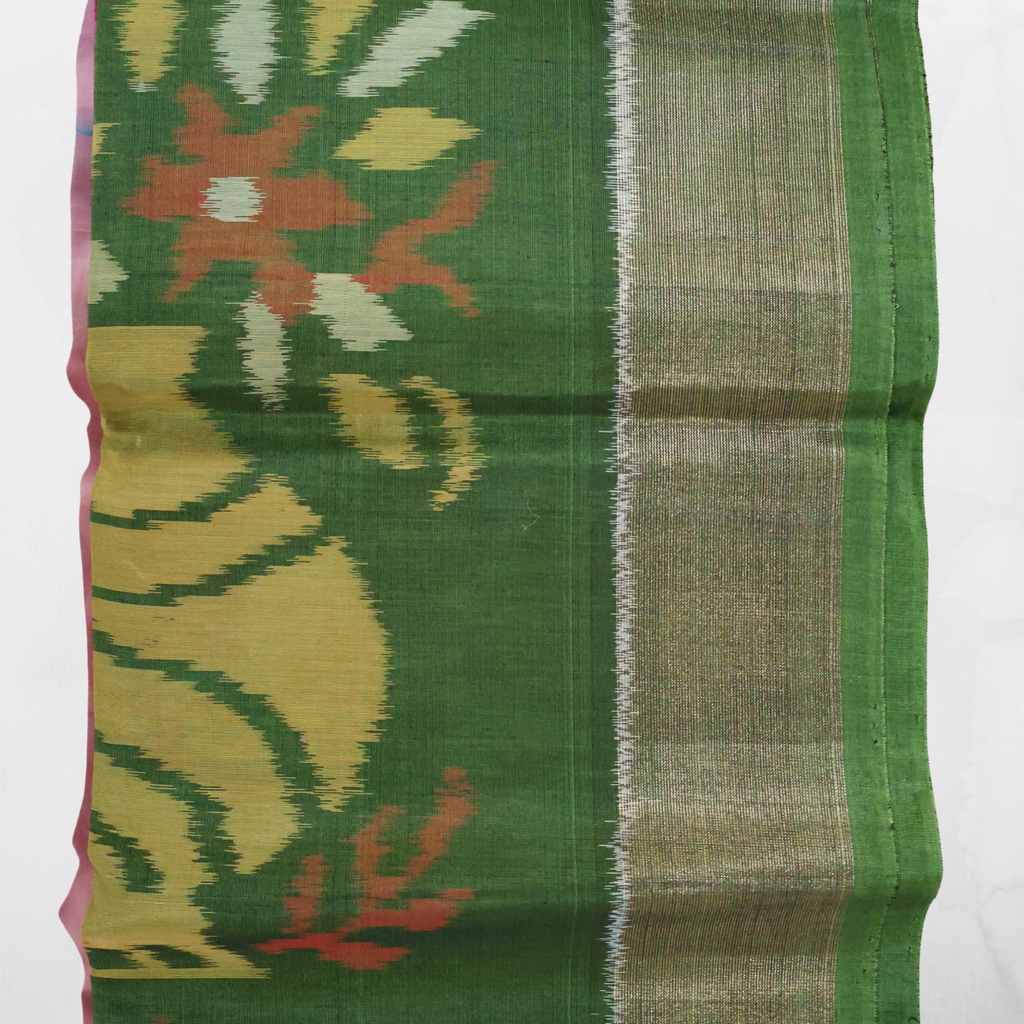 Bright Pink Cotton Silk Pochampally Ikat Saree with Green Zari Border