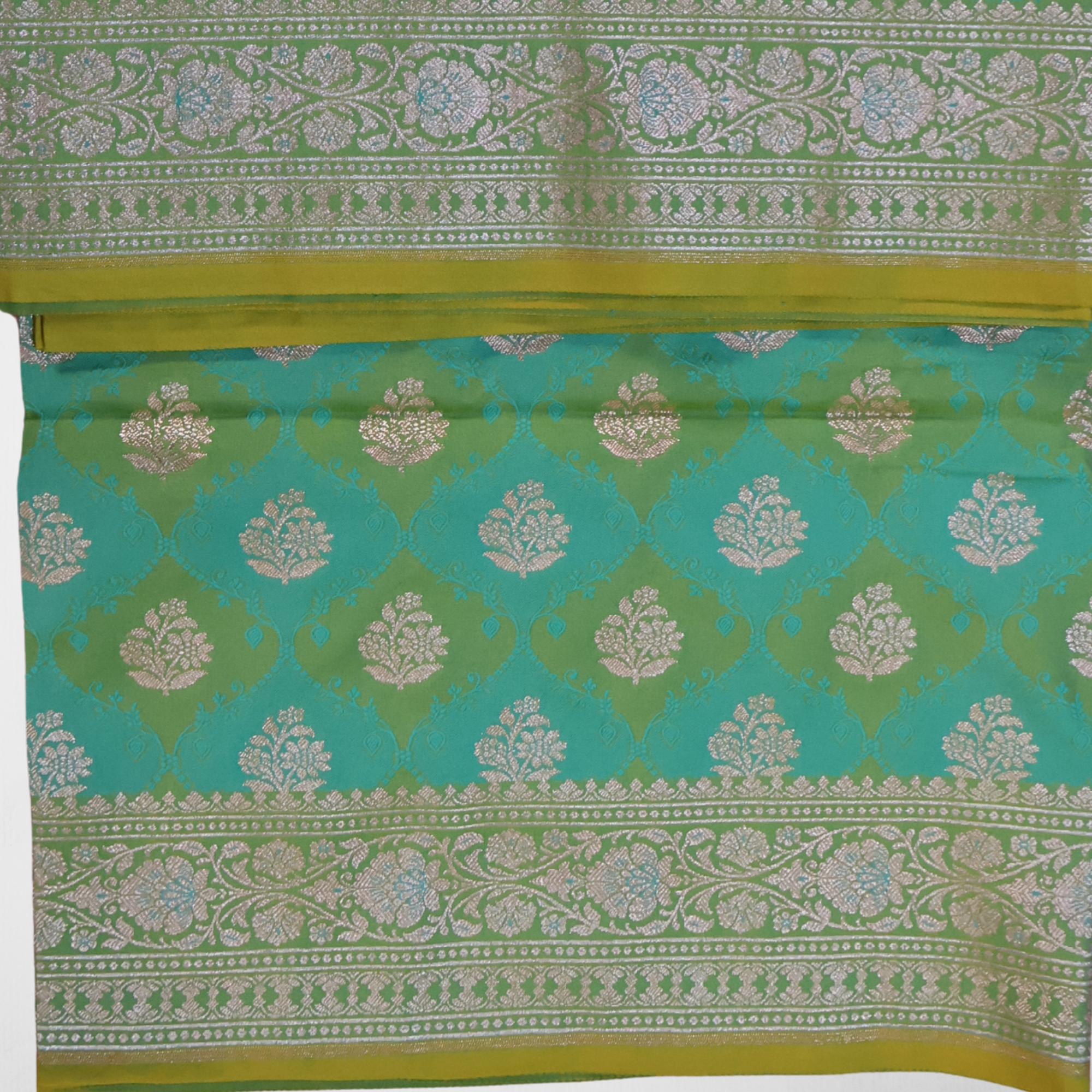 Katan Silk Banarasi Saree in Teal Green with Silver Zari Buta and Ornate Border