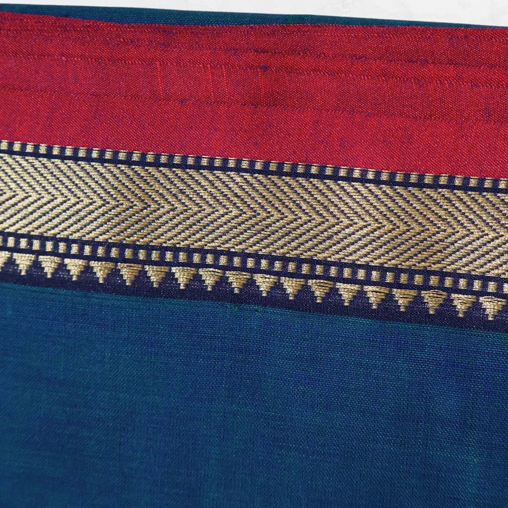 Deep Blue Handloom Narayanpet Cotton Saree with Red & Gold Contrast Border | Lightweight Everyday Wear Saree