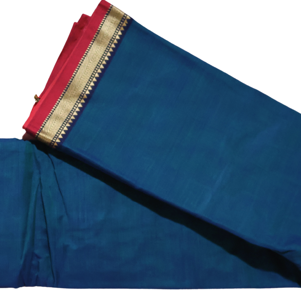 Deep Blue Handloom Narayanpet Cotton Saree with Red & Gold Contrast Border | Lightweight Everyday Wear Saree