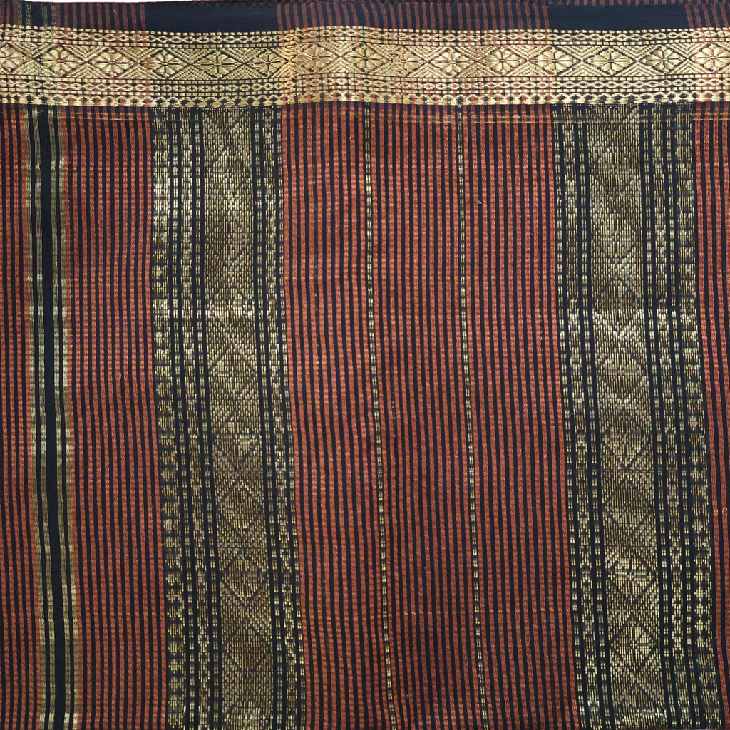 Earthy Brown Induri Silk-Cotton Saree with Fine Stripes & Traditional Zari Border