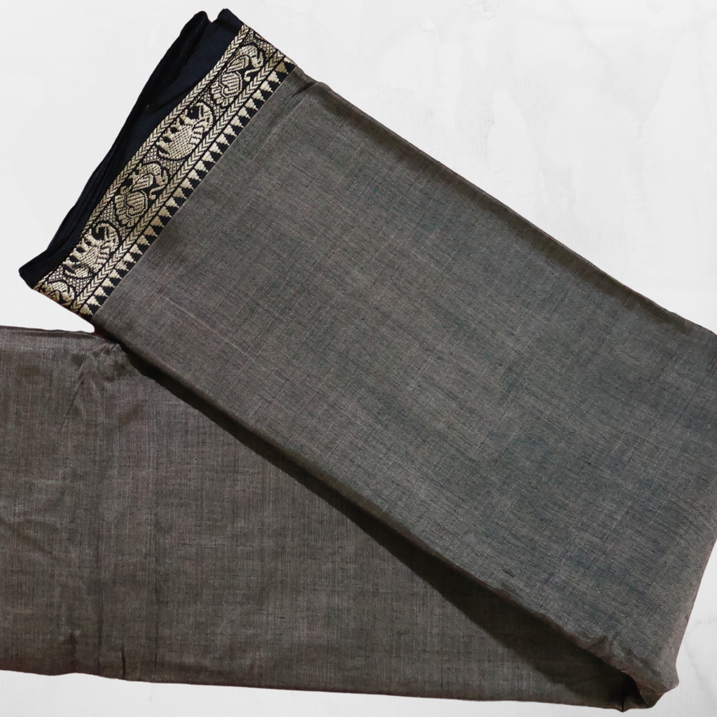Charcoal Grey Handloom Narayanpet Cotton Saree with Traditional Contrast Border | Lightweight Everyday Saree