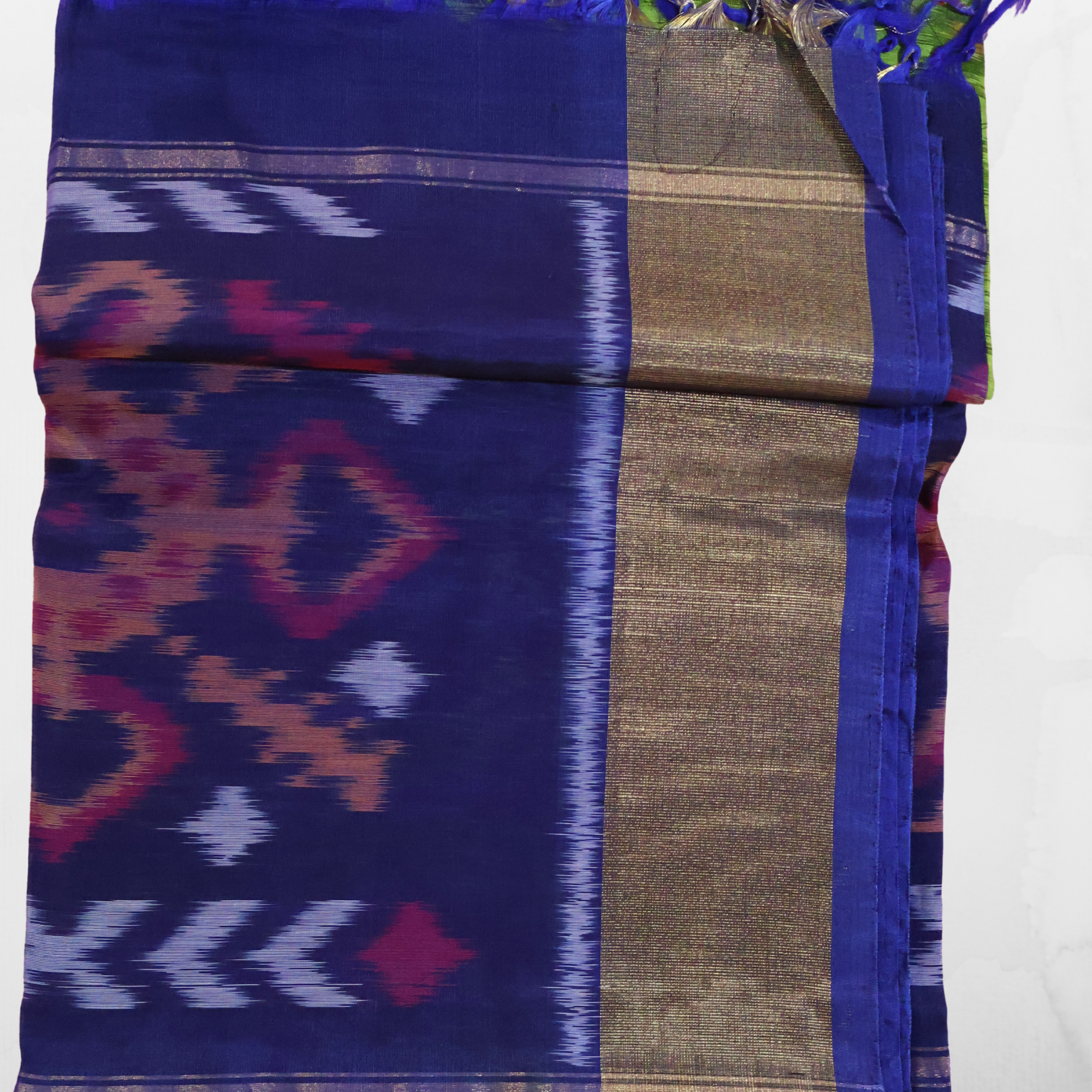 Green Cotton Silk Pochampally Ikat Saree with Blue Zari Border