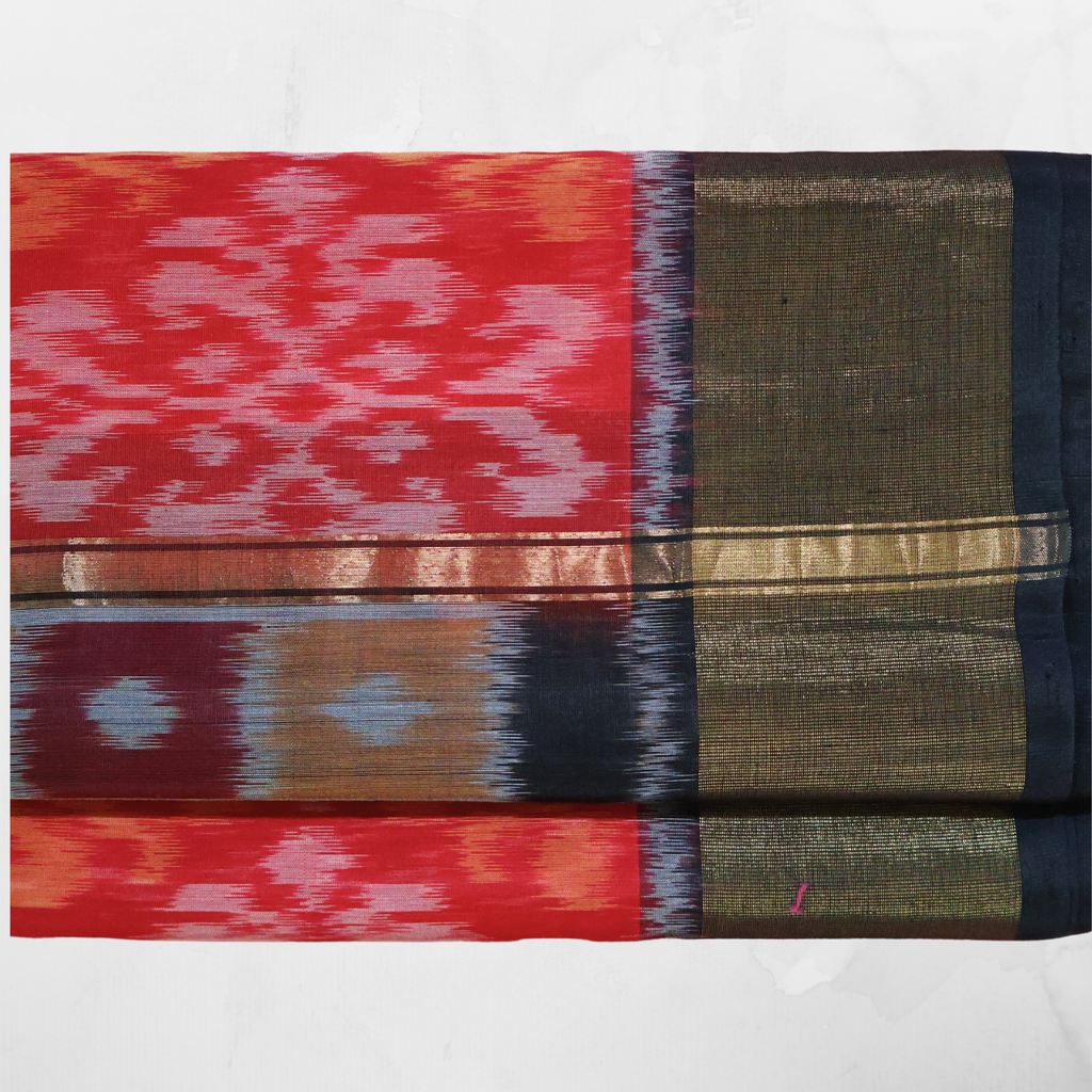 Cotton Silk Pochampally Ikat Saree in Red with Dark Olive Green Zari Border