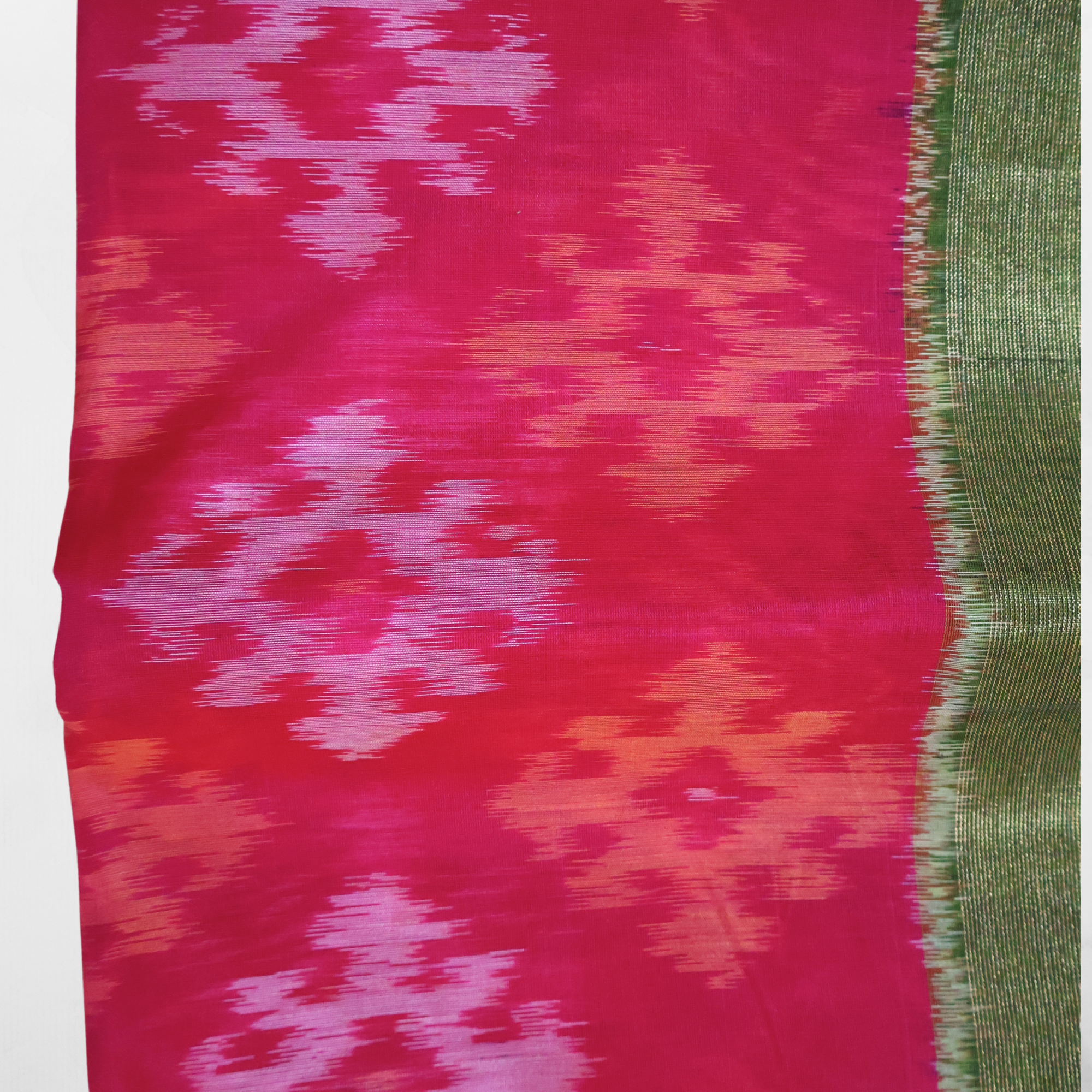 Bright Pink Cotton Silk Pochampally Ikat Saree with Green Zari Border