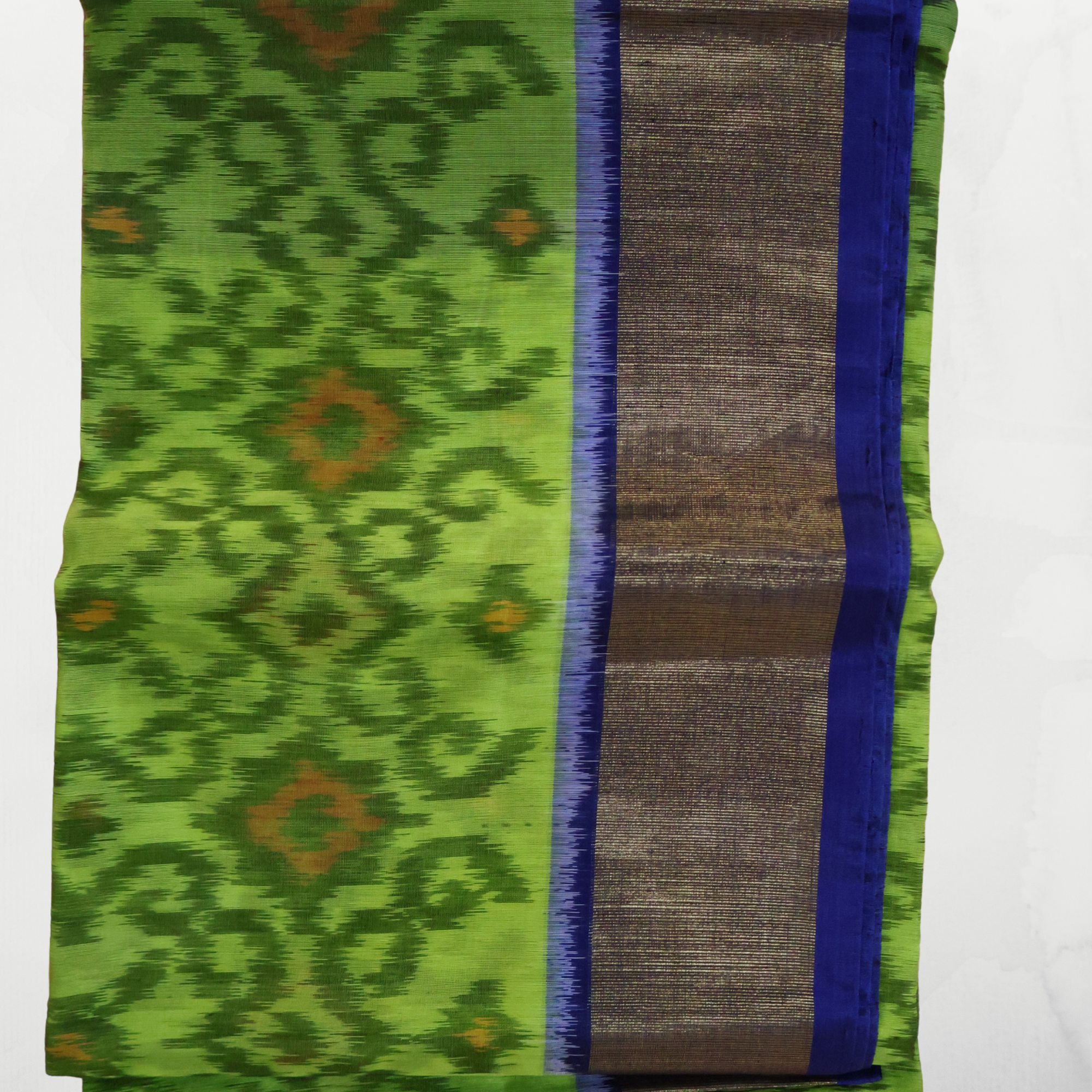 Green Cotton Silk Pochampally Ikat Saree with Blue Zari Border