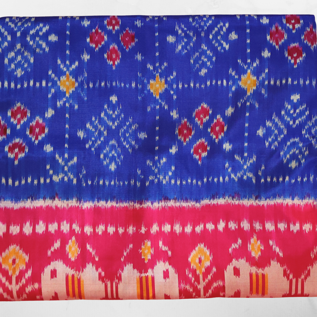 Pure Silk Pochampally Ikat Saree in Fresh Blue with Bright Pink Big Zari Border