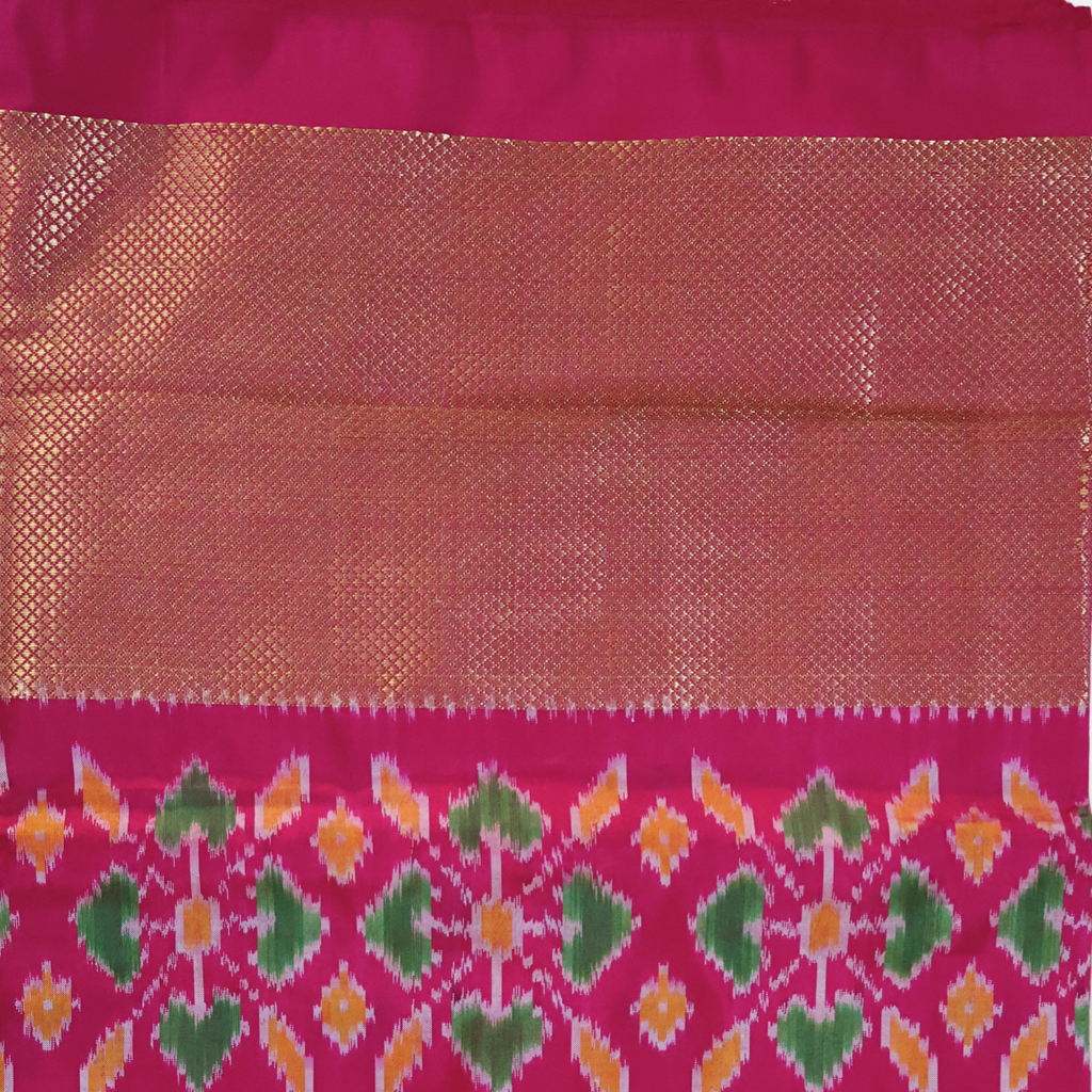 Pure Silk Pochampally Ikat Saree in Coral Orange with Bright Pink Contrast Border