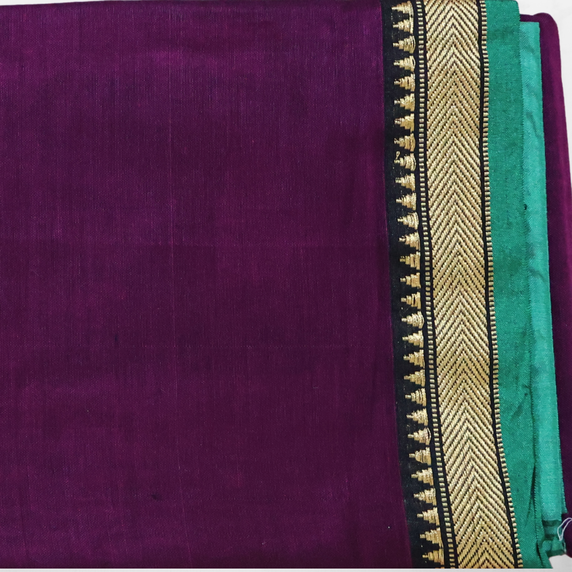 Plum Narayanpet Cotton Saree with Teal & Gold Contrast Border | Lightweight Handloom Cotton