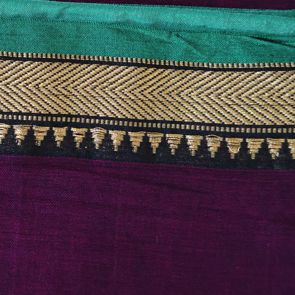Plum Narayanpet Cotton Saree with Teal & Gold Contrast Border | Lightweight Handloom Cotton