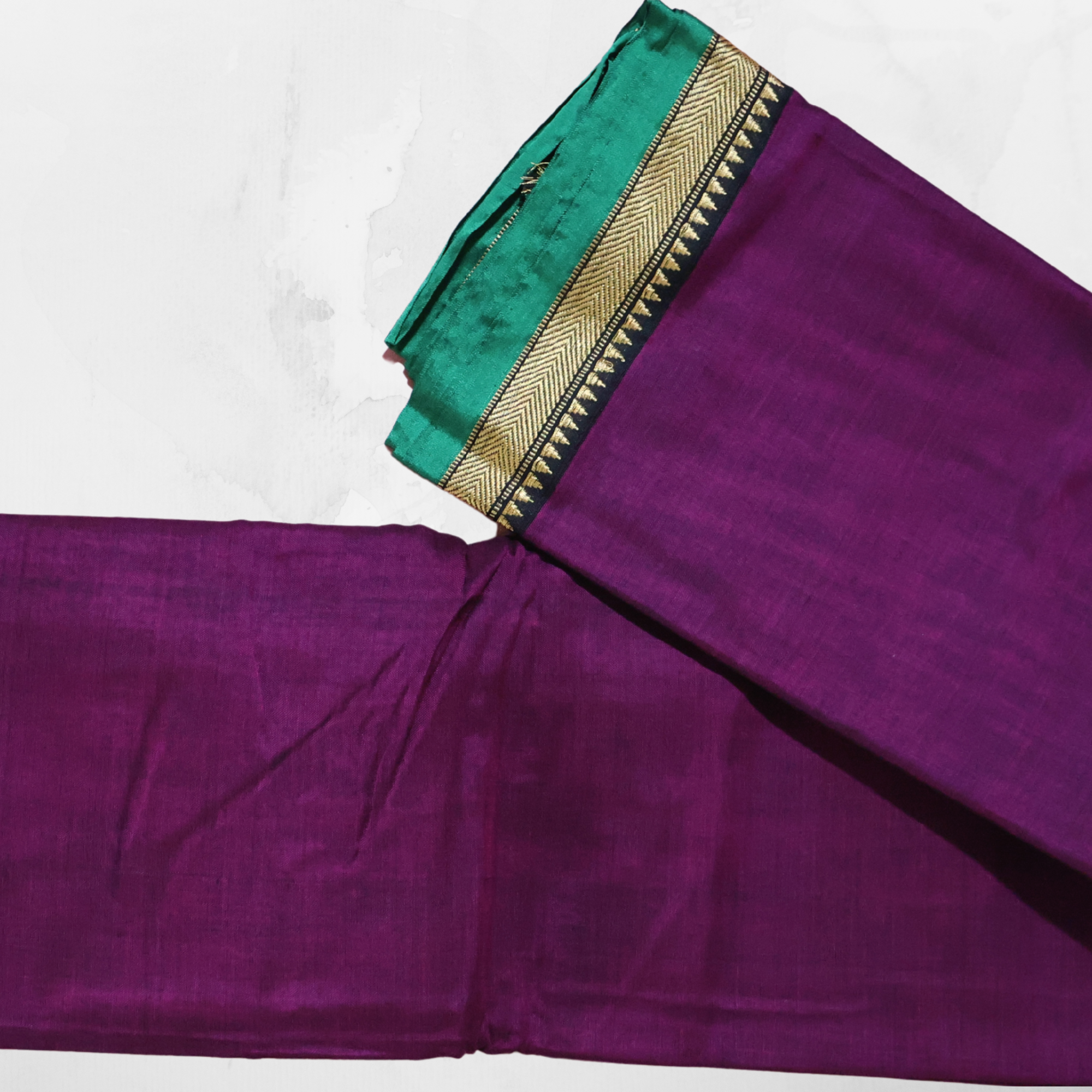 Plum Narayanpet Cotton Saree with Teal & Gold Contrast Border | Lightweight Handloom Cotton