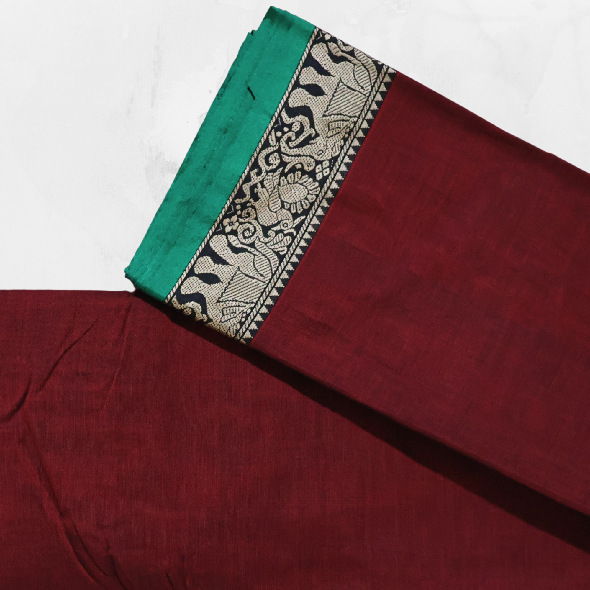 Maroon Narayanpet Cotton Saree with Teal Contrast Temple Border | Handloom Everyday Elegance