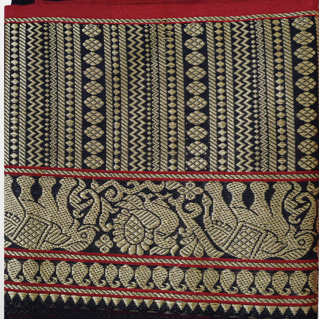 Black Narayanpet Cotton Saree with Red & Gold Contrast Temple Border | Classic Handloom Elegance