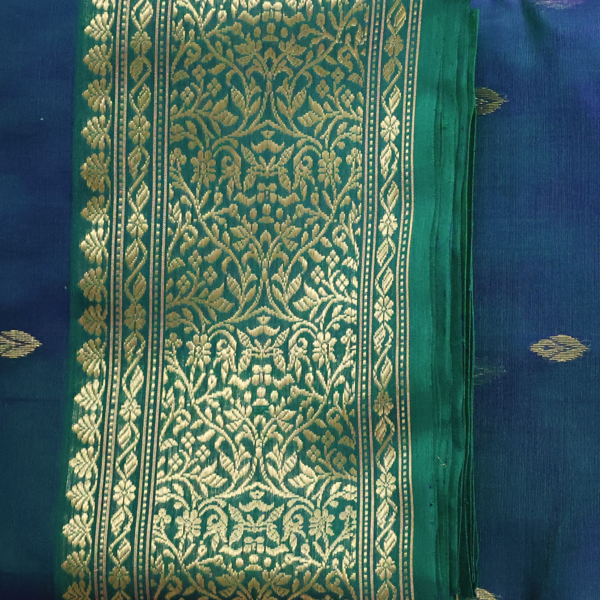 Dual-Tone Blue & Green Katan Silk Chanderi Saree with Rich Gold Jaal Zari Border