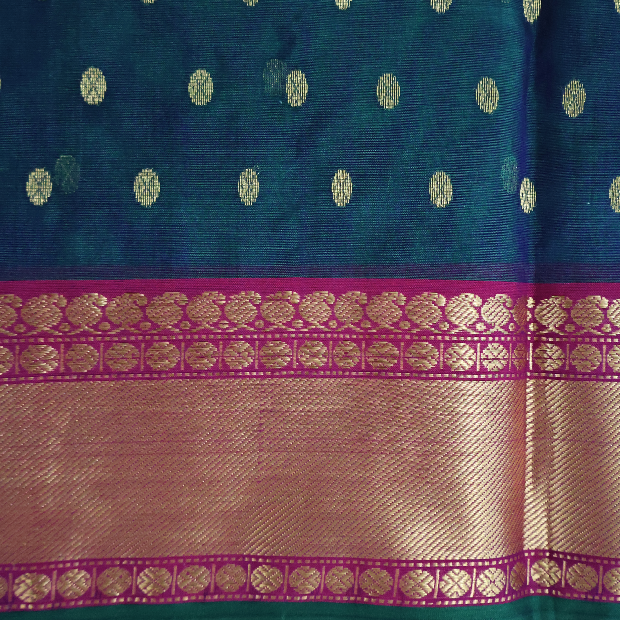 Dual-Tone Peacock Blue Katan Silk Chanderi Saree with Ghani Buti & Chatai Zari Border
