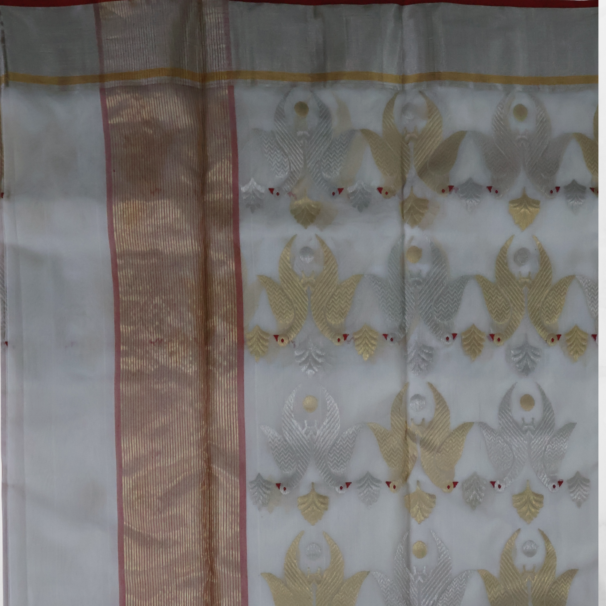 White Katan Silk Chanderi Saree with Silver & Gold Zari Border