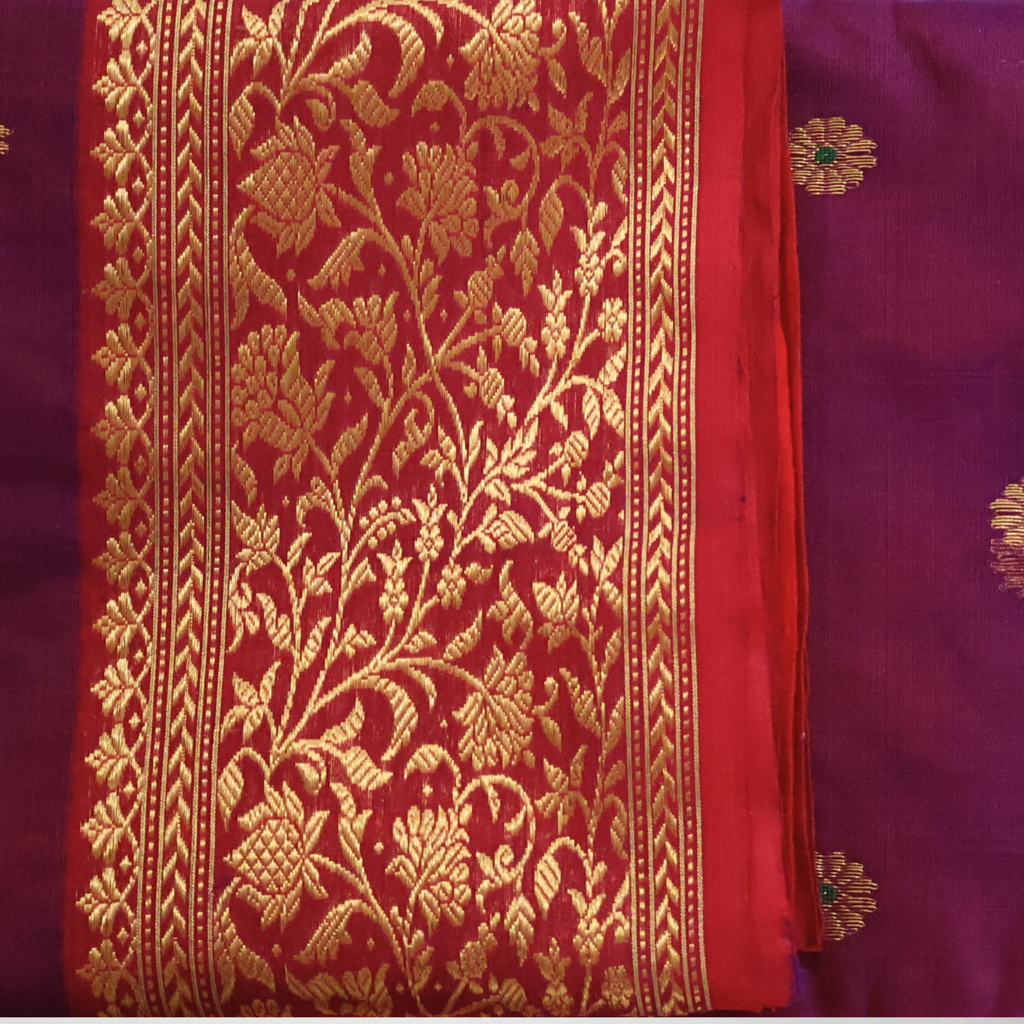 Dual-Tone Purple & Red Katan Silk Chanderi Saree with Nakshi Jaal Zari Border