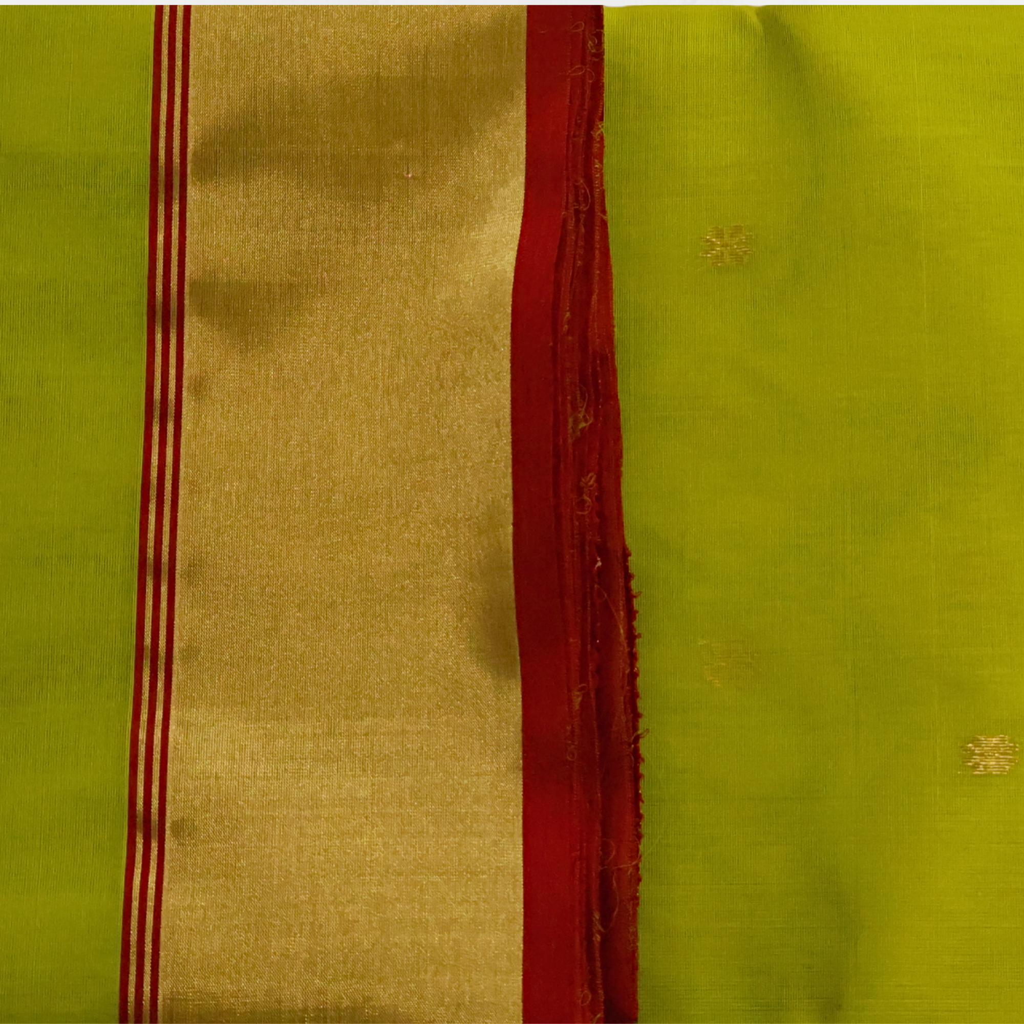 Lime Green Katan Chanderi Silk Saree with Gold Zari Buta & Red Border