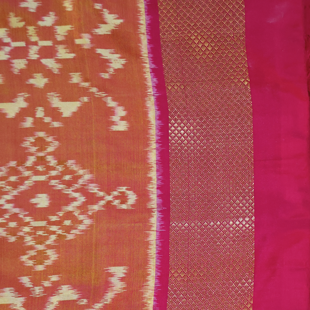 Pure Silk Pochampally Ikat Saree in Coral Orange with Bright Pink Contrast Border