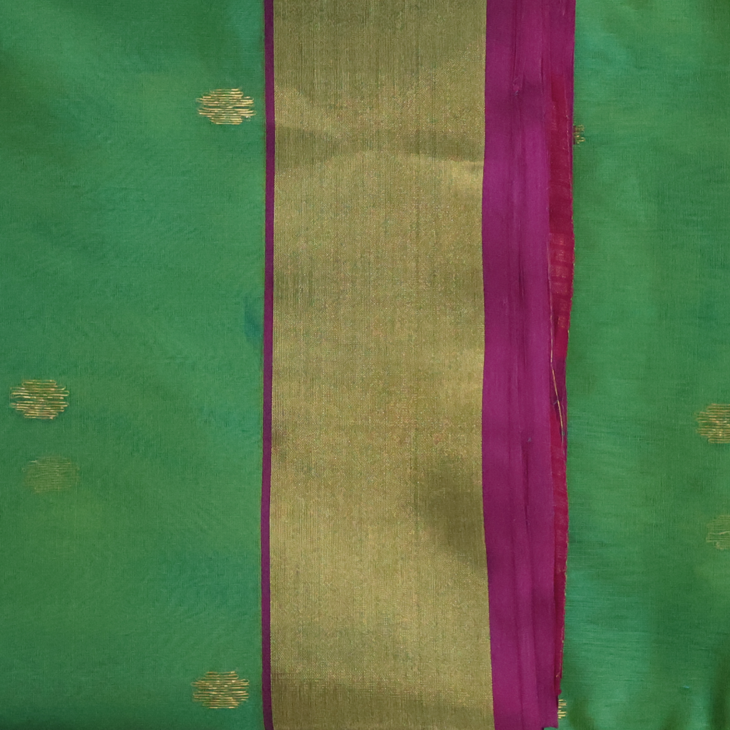Green Katan Silk Chanderi Saree with Pink Border & Gold Butti