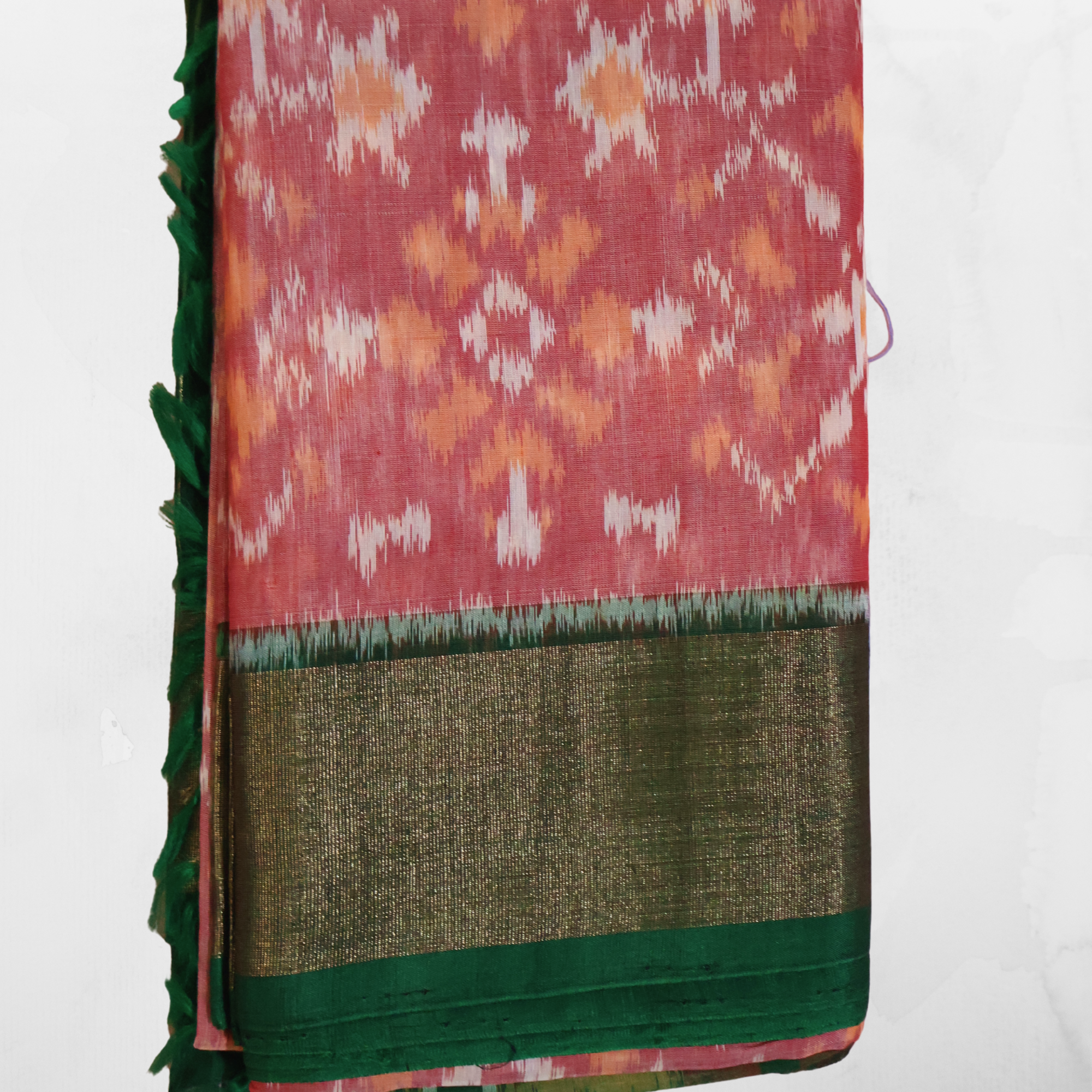 Pink Cotton Silk Pochampally Ikat Saree with Green Zari Border