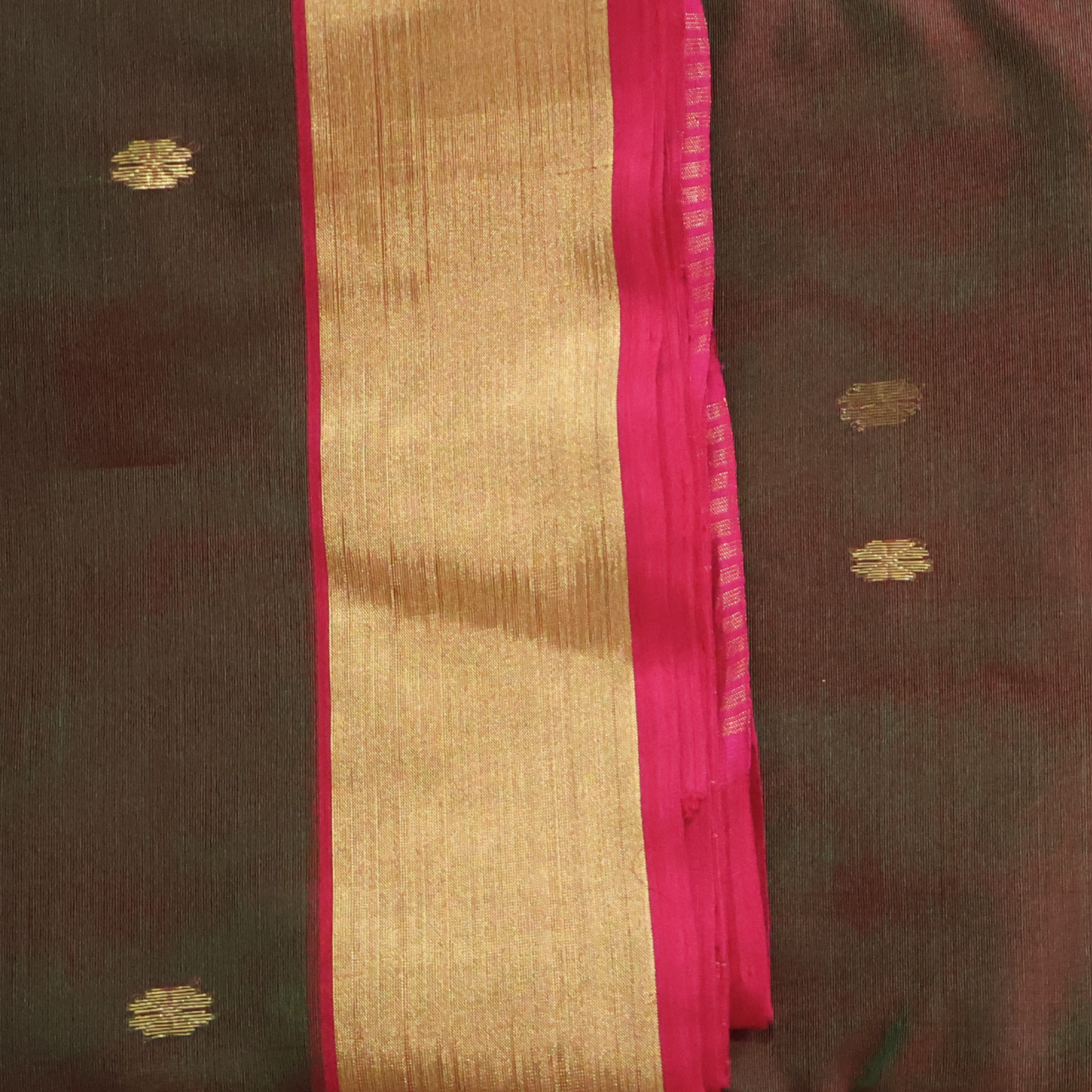Coke Brown Katan Silk Chanderi Saree with Antique Gold Zari Border & Pink Accents