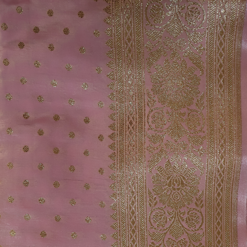 Baby Pink Katan Silk Banarasi Saree with Gold Zari Buta & Ornate Floral Border