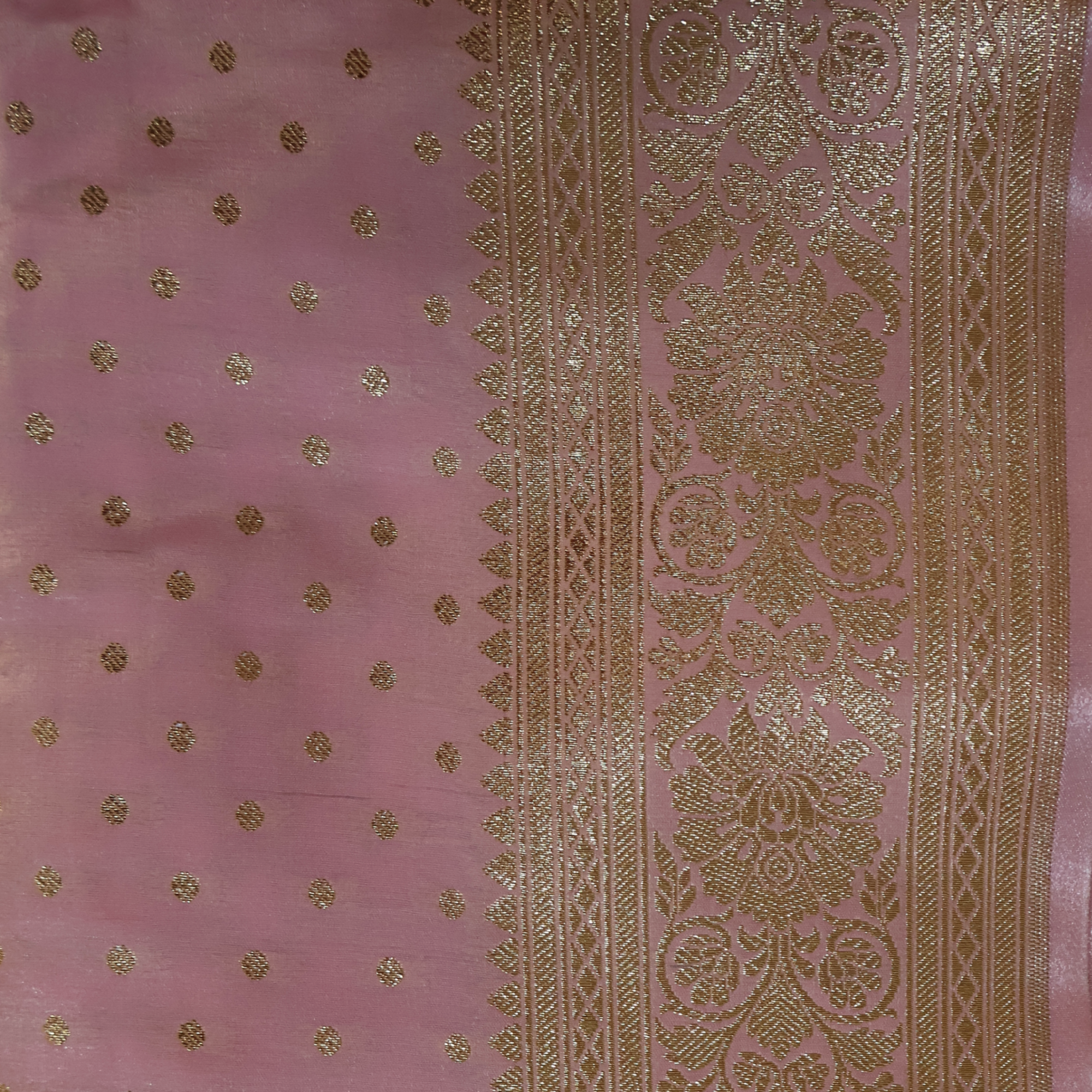Baby Pink Katan Silk Banarasi Saree with Gold Zari Buta & Ornate Floral Border