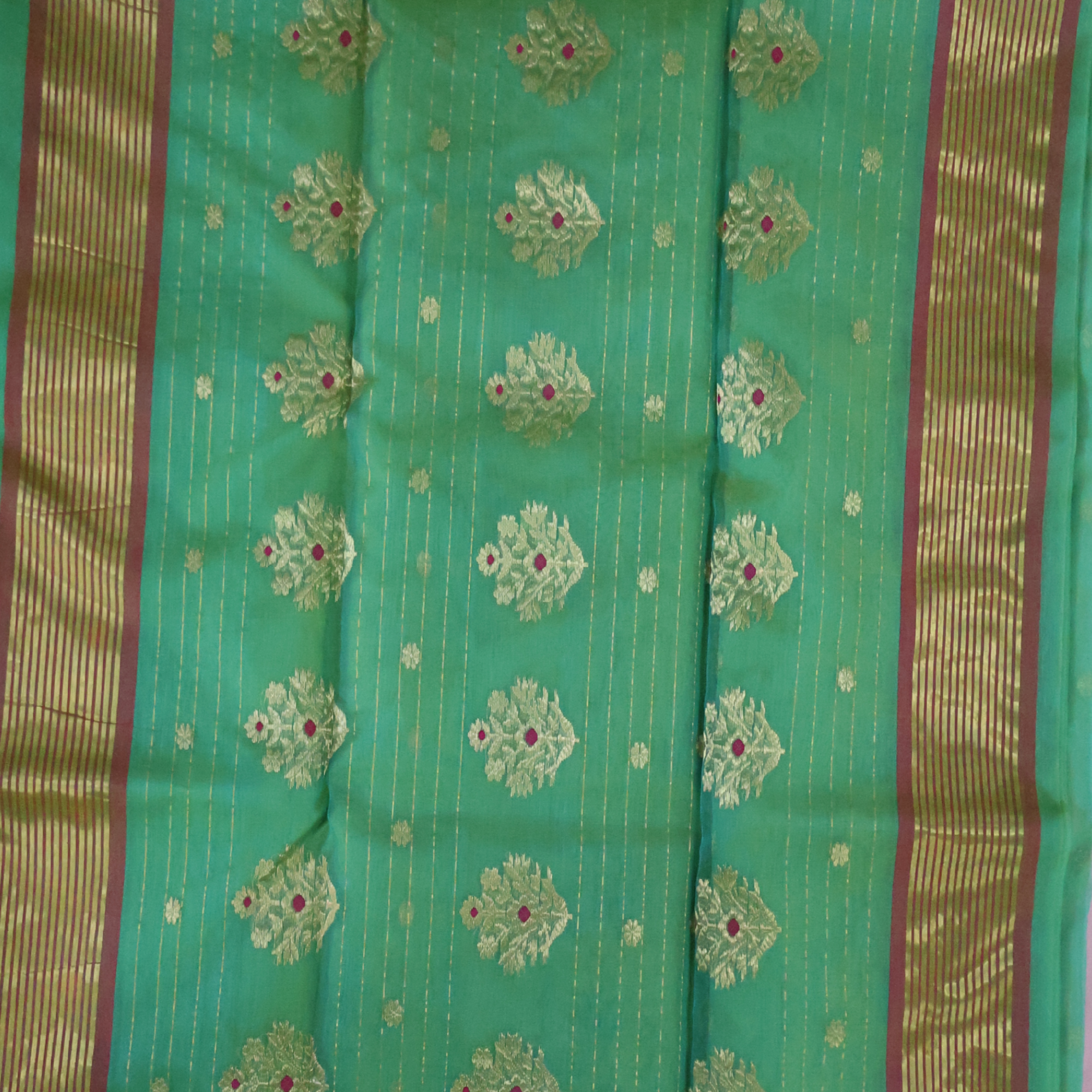 Green Katan Silk Chanderi Saree with Pink Border & Gold Butti
