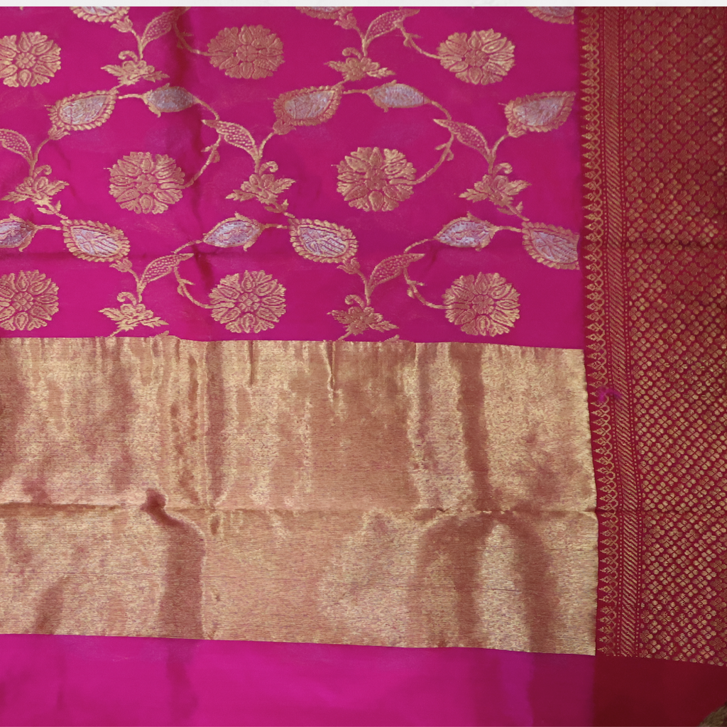 Rani Pink Silk Saree with Golden Zari Nakshi Jacquard Border & Silver-Gold Floral Jaal Pallu