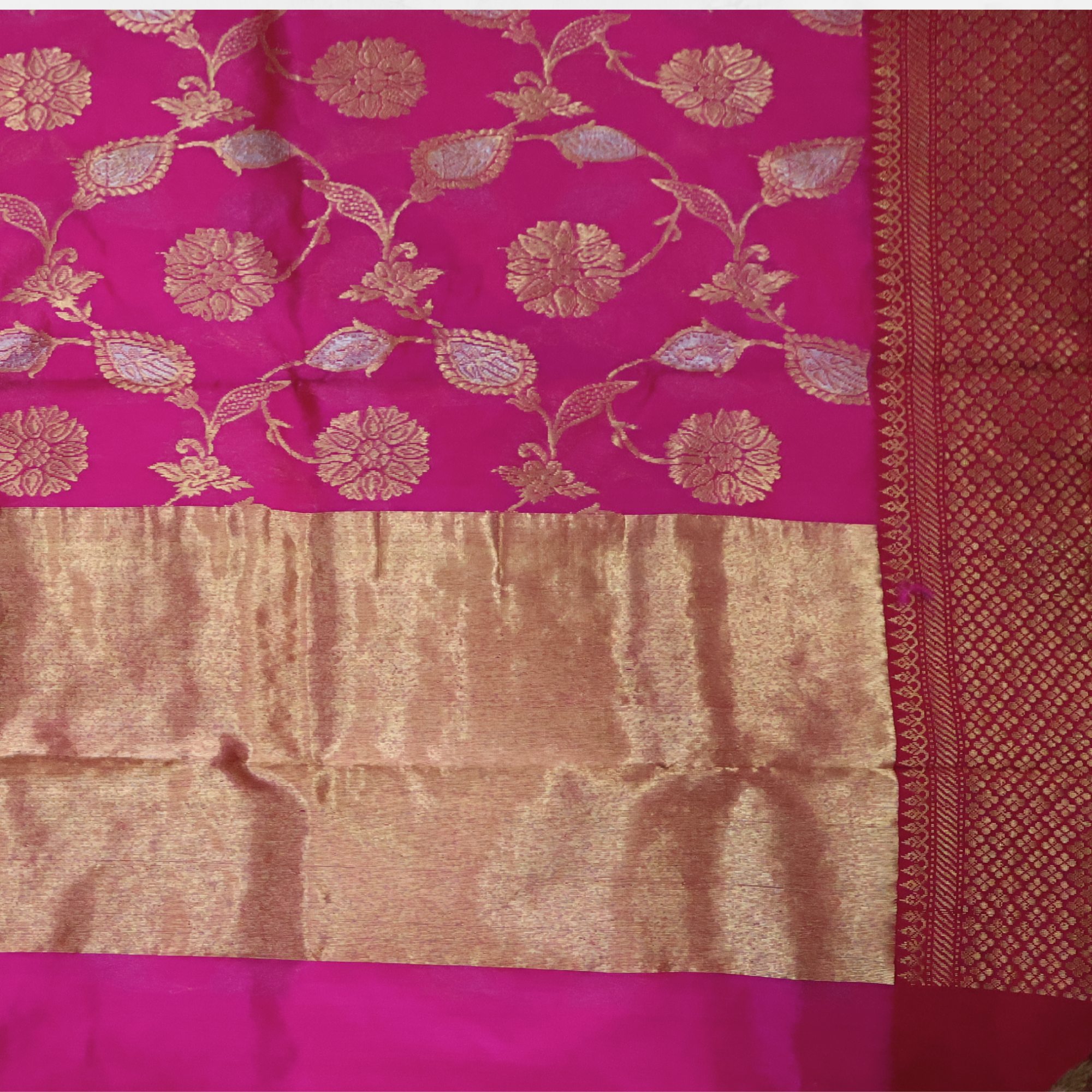 Rani Pink Silk Saree with Golden Zari Nakshi Jacquard Border & Silver-Gold Floral Jaal Pallu