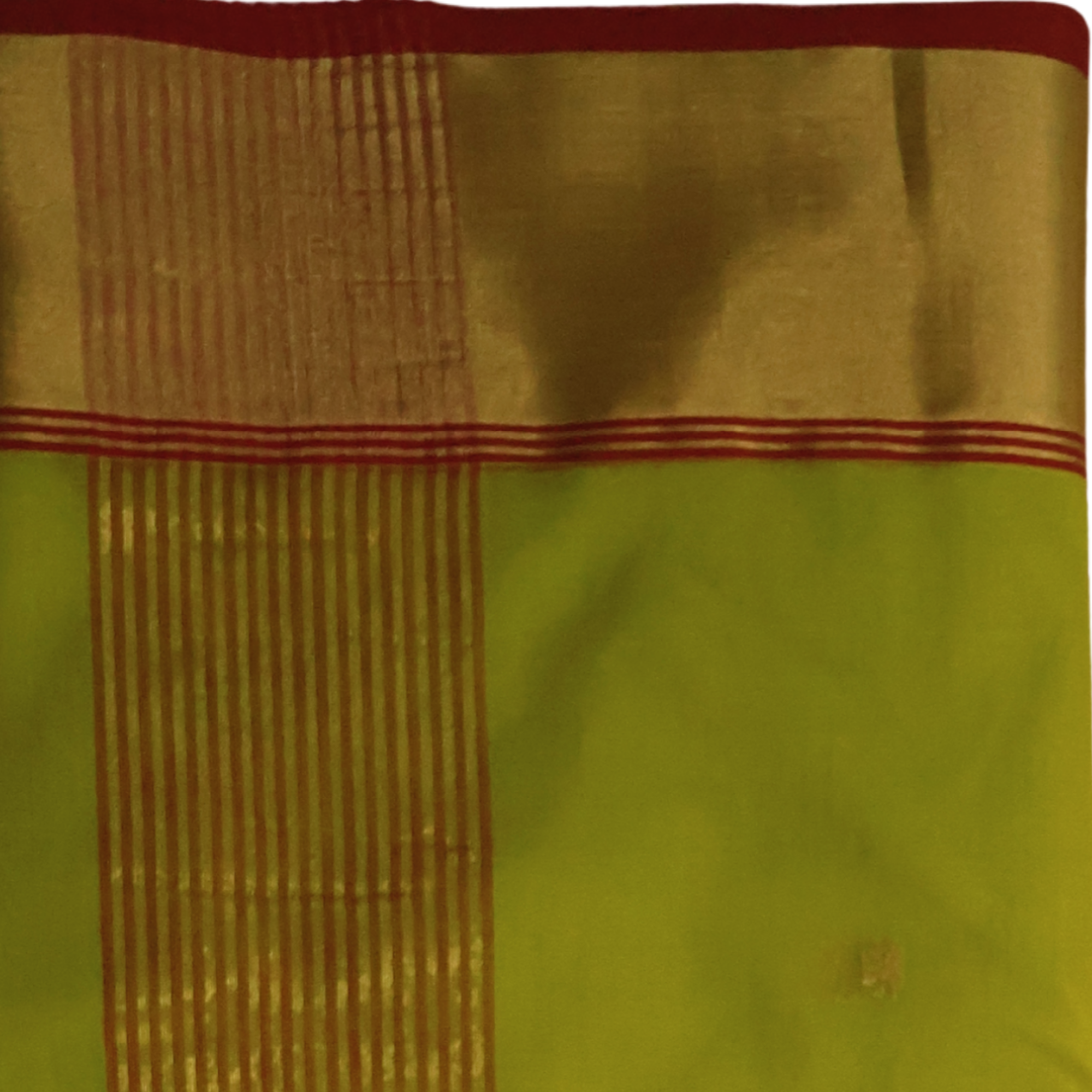 Lime Green Katan Chanderi Silk Saree with Gold Zari Buta & Red Border