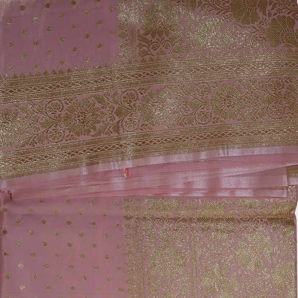 Baby Pink Katan Silk Banarasi Saree with Gold Zari Buta & Ornate Floral Border