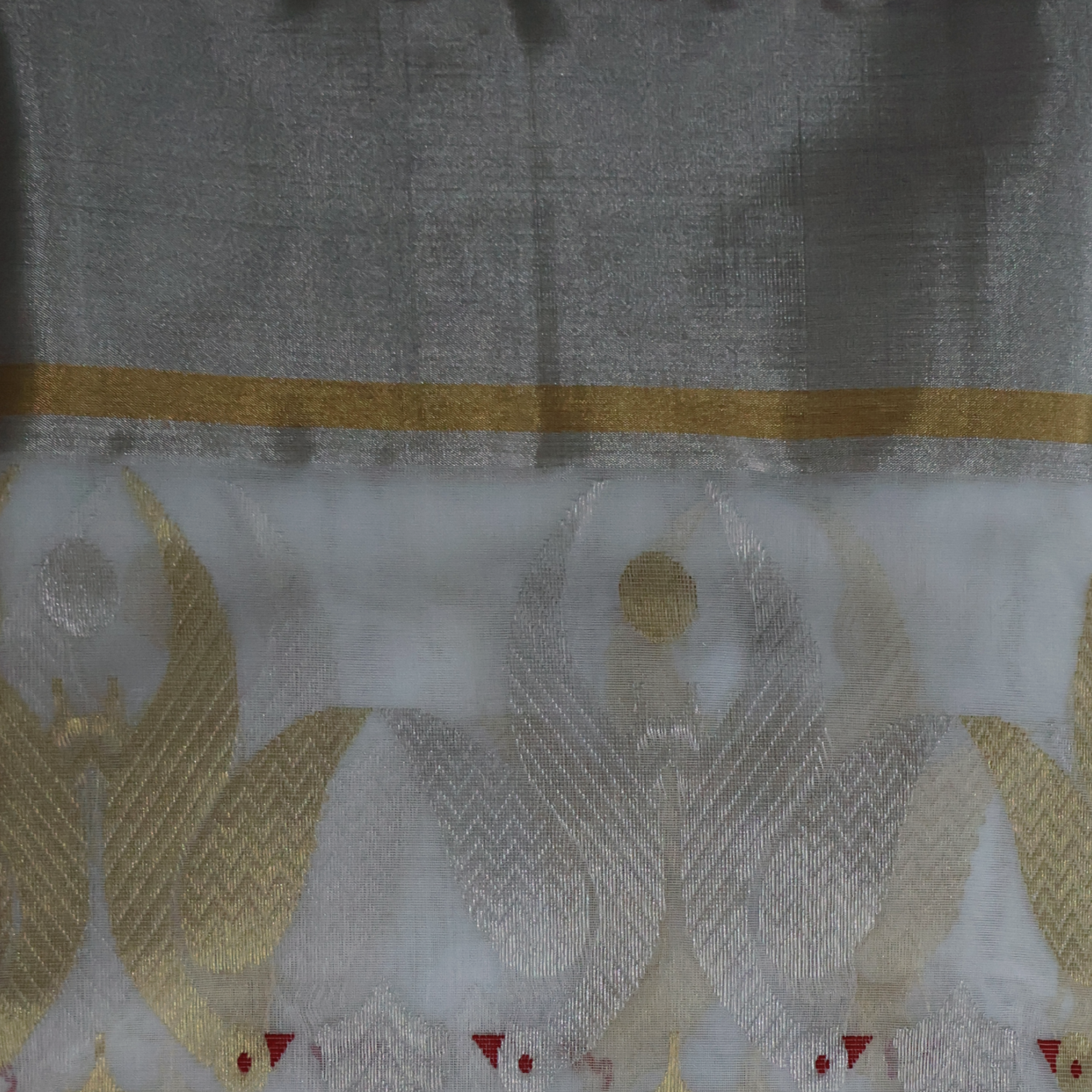 White Katan Silk Chanderi Saree with Silver & Gold Zari Border