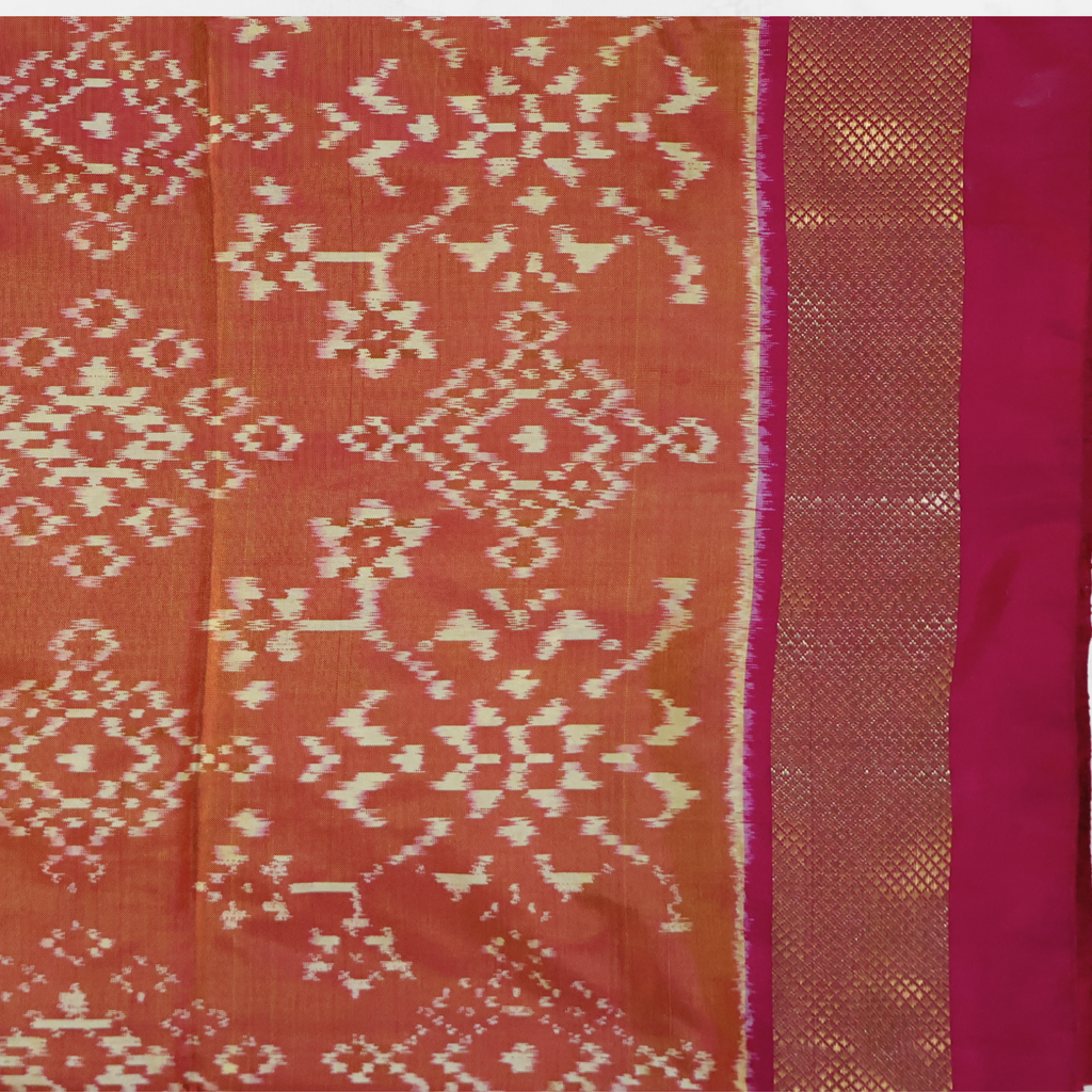 Pure Silk Pochampally Ikat Saree in Coral Orange with Bright Pink Contrast Border