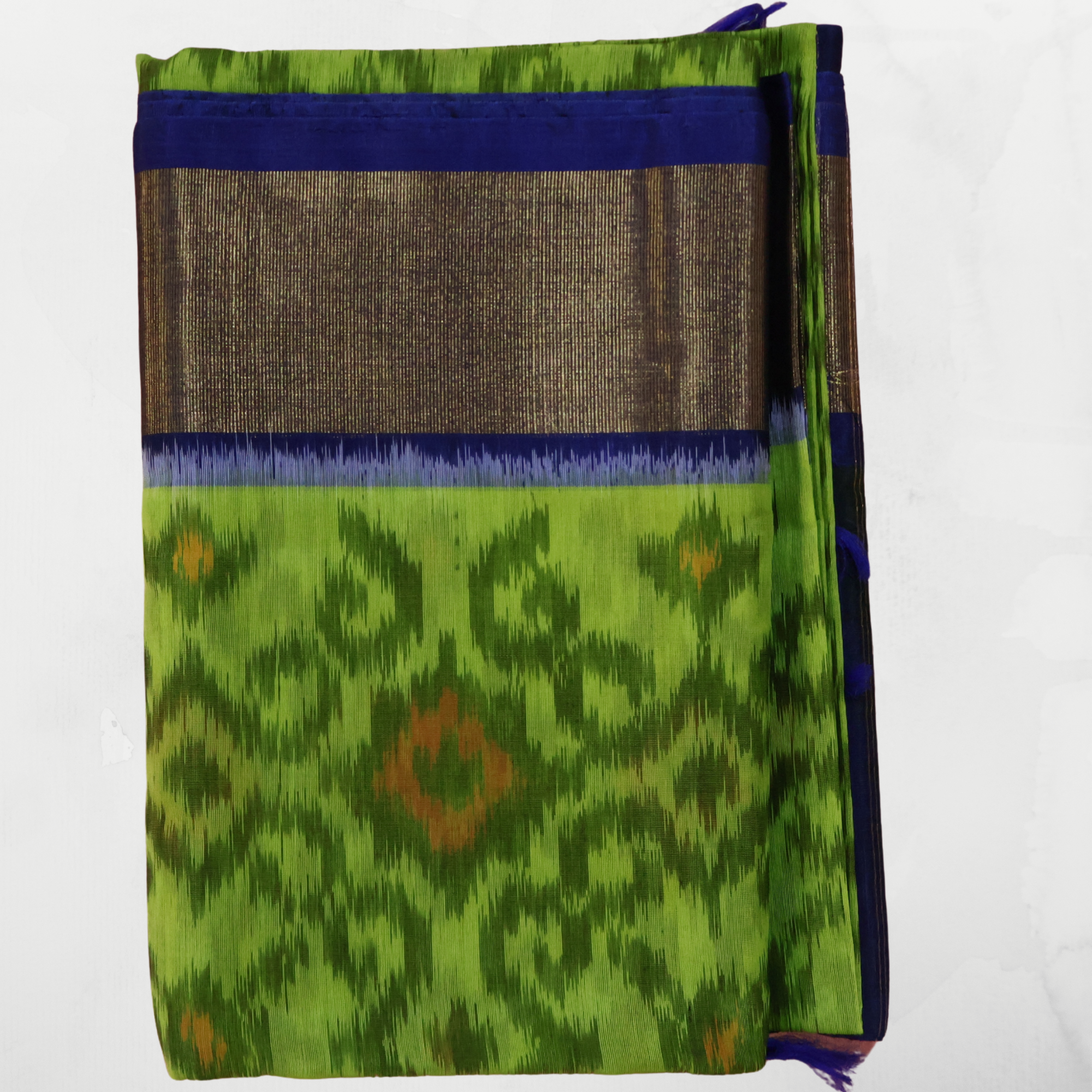 Green Cotton Silk Pochampally Ikat Saree with Blue Zari Border