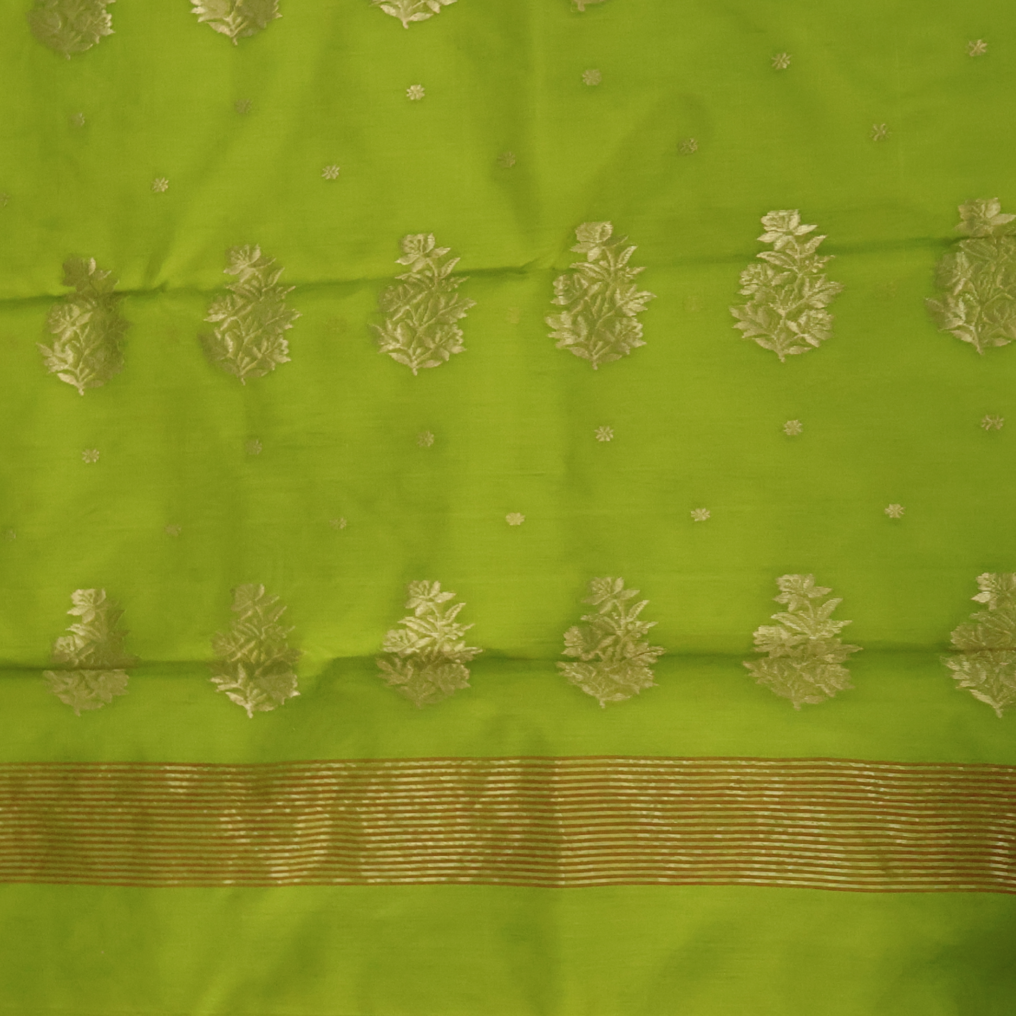 Lime Green Katan Chanderi Silk Saree with Gold Zari Buta & Red Border