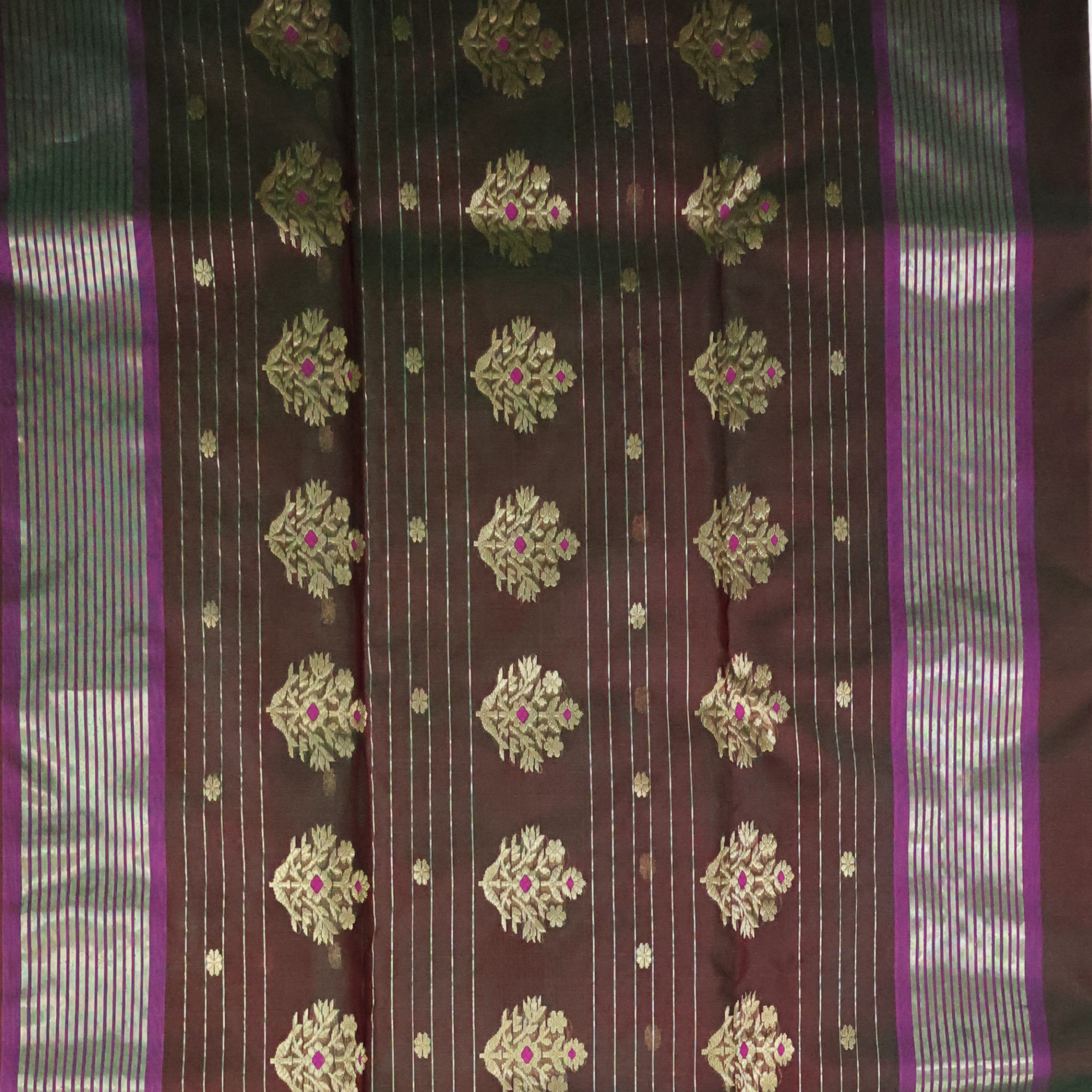 Coke Brown Katan Silk Chanderi Saree with Antique Gold Zari Border & Pink Accents