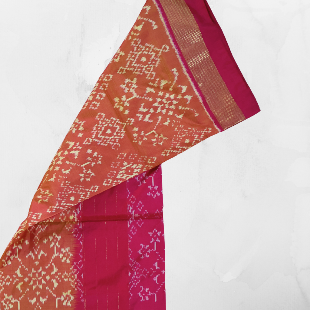 Pure Silk Pochampally Ikat Saree in Coral Orange with Bright Pink Contrast Border
