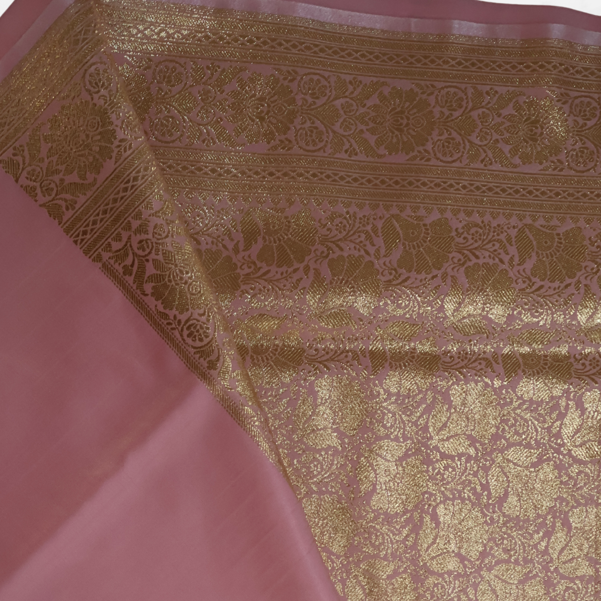 Baby Pink Katan Silk Banarasi Saree with Gold Zari Buta & Ornate Floral Border